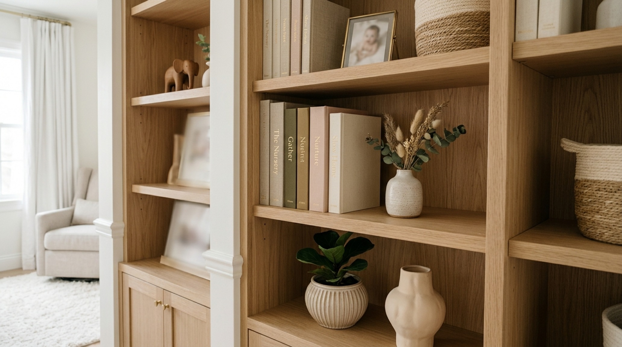 Architectural detail of a bespoke walk-in closet in a luxury baby en-suite, using custom oak millwork and soft LED integrated lighting for a seamless spatial flow.