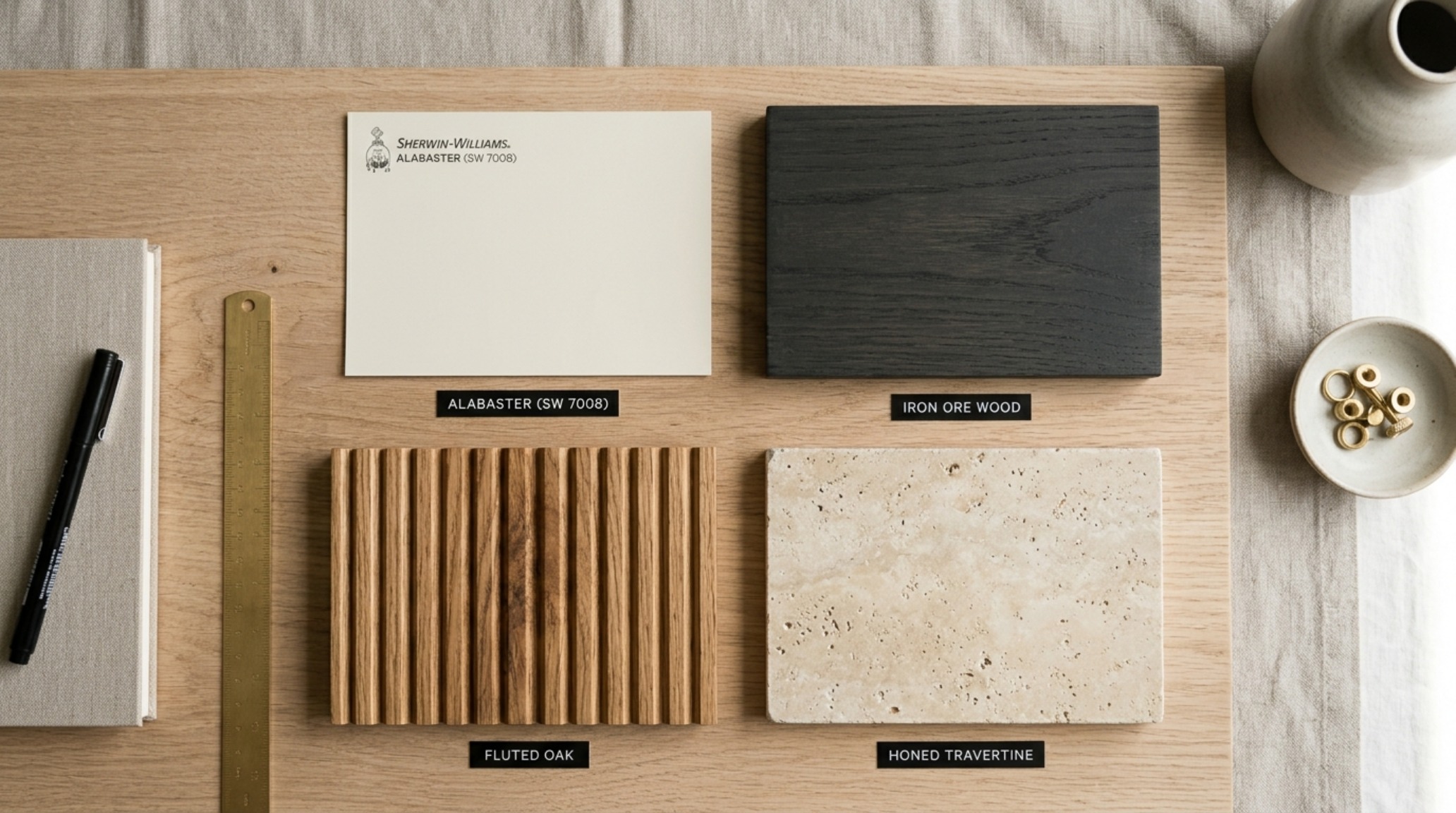 Close-up of a designer mood board featuring SW Iron Ore paint swatches, fluted wood samples, and high-end performance fabrics for a Taylor El Moussa room makeover.