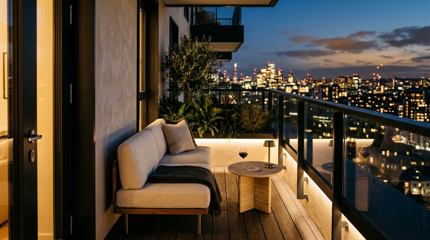 High-end organic modern balcony featuring a slim profile sofa with white bouclé cushions and a honed travertine coffee table at dusk.
