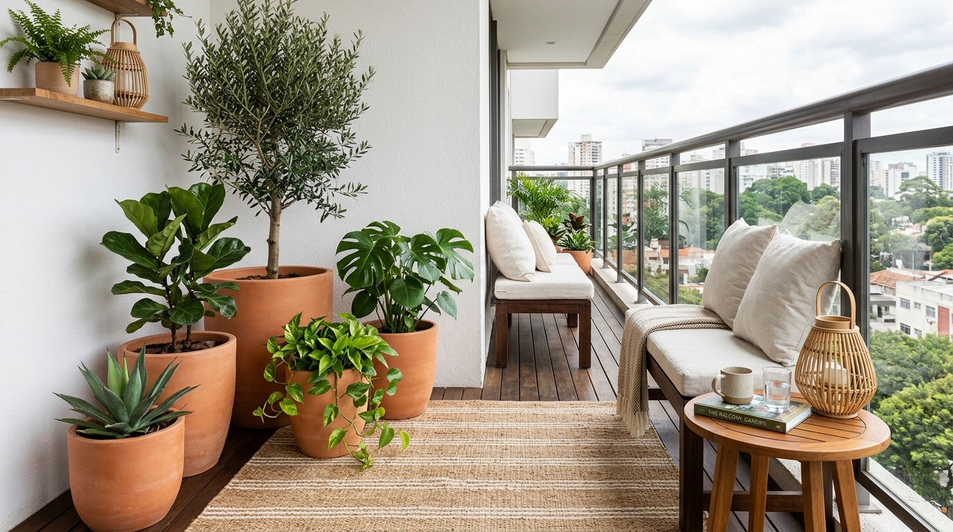 Long narrow balcony decor featuring a tonal flat-weave rug and staggered terracotta planters for a curated, layered look.