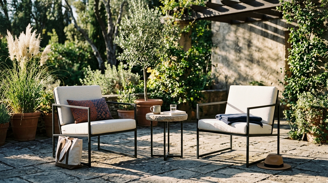 A slim profile patio furniture set in charcoal metal with cream cushions, perfect for maximizing floor space on a narrow terrace.