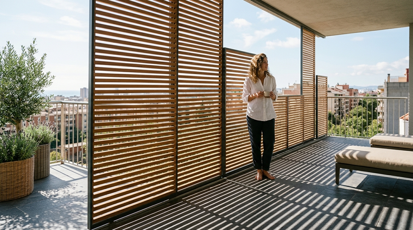 Modern balcony privacy screen ideas using frosted glass panels and sleek metal framing to diffuse city lights.