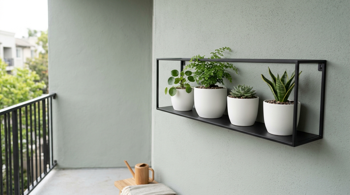 Biophilic design on a high-rise balcony featuring Evergreen Fog accents and a variety of drought-tolerant architectural plants.
