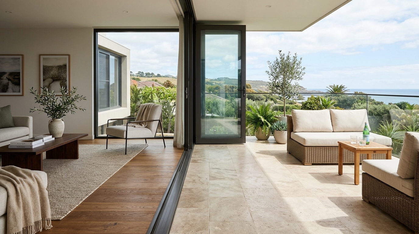 The 'Vanishing Boundary' concept: a seamless transition from interior oak flooring to exterior travertine balcony tile.
