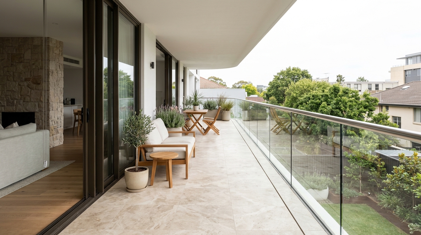 Architectural view of a narrow balcony layout showing 30-inch walkway clearance and low-profile furniture to maintain sightlines.