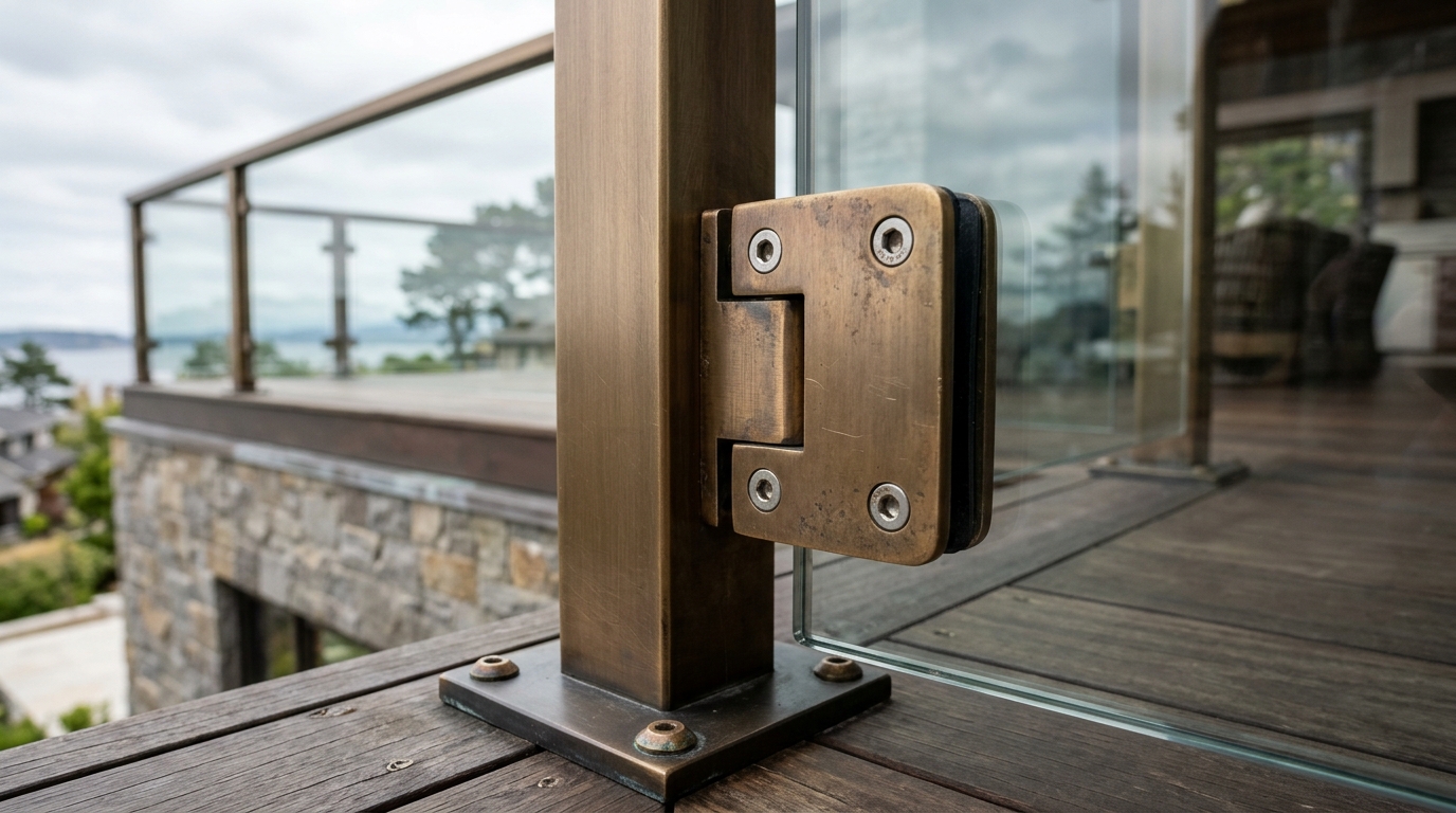 Detail of a bronze railing bracket and fluted wood cladding, showing the focus on high-end materiality in small spaces.