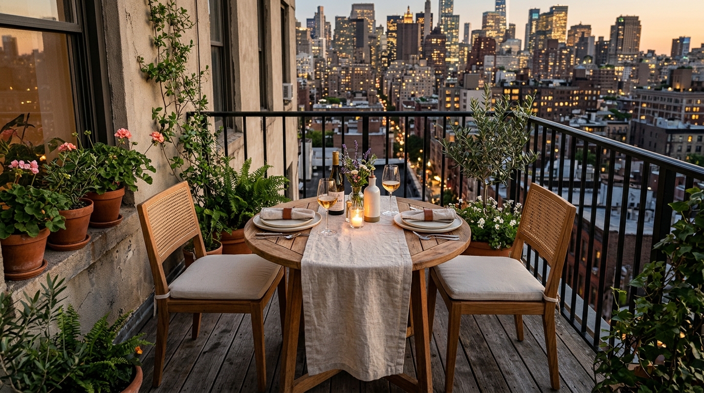 Small balcony dining idea with a folding teak table and two slender metal bistro chairs, emphasizing 30-inch clearances.