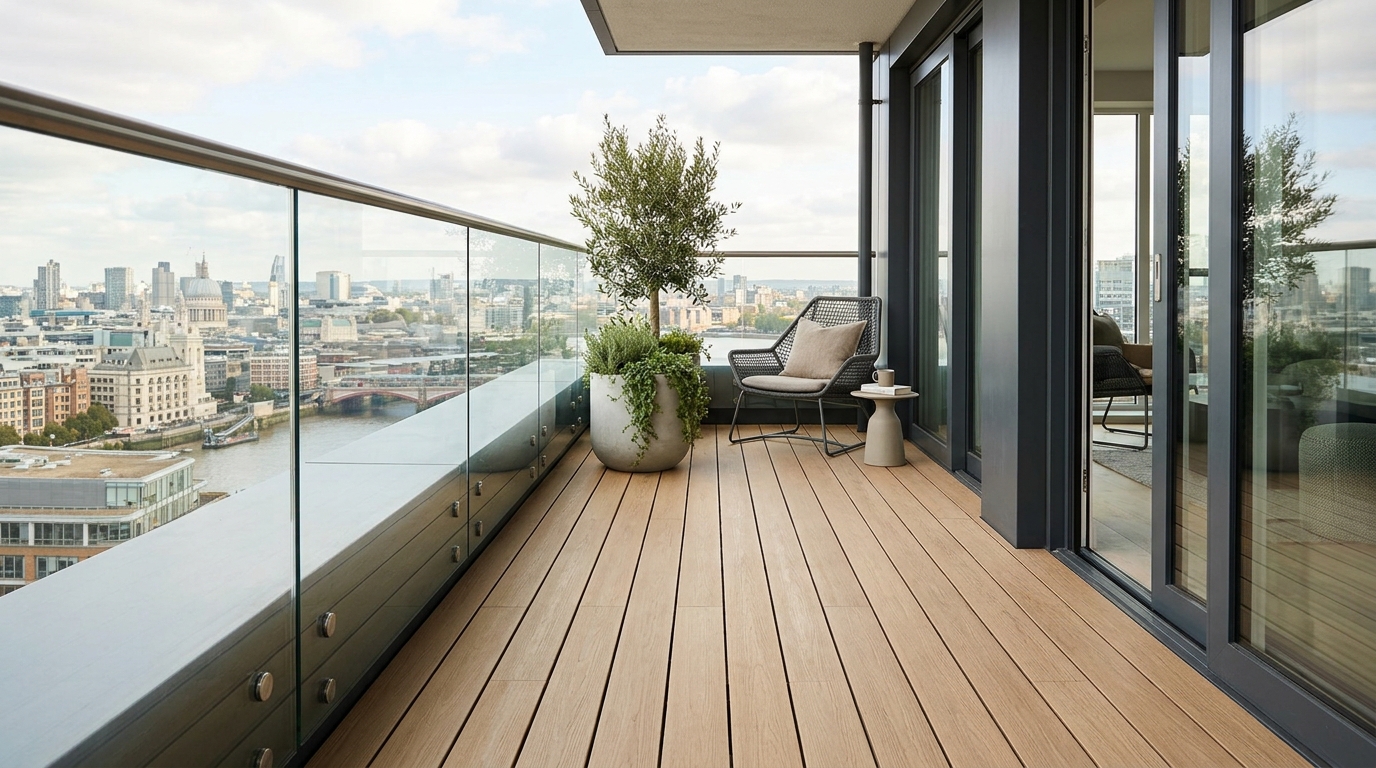 Modern apartment outdoor flooring using composite wood decking in a light oak finish, aligned horizontally to widen the space.