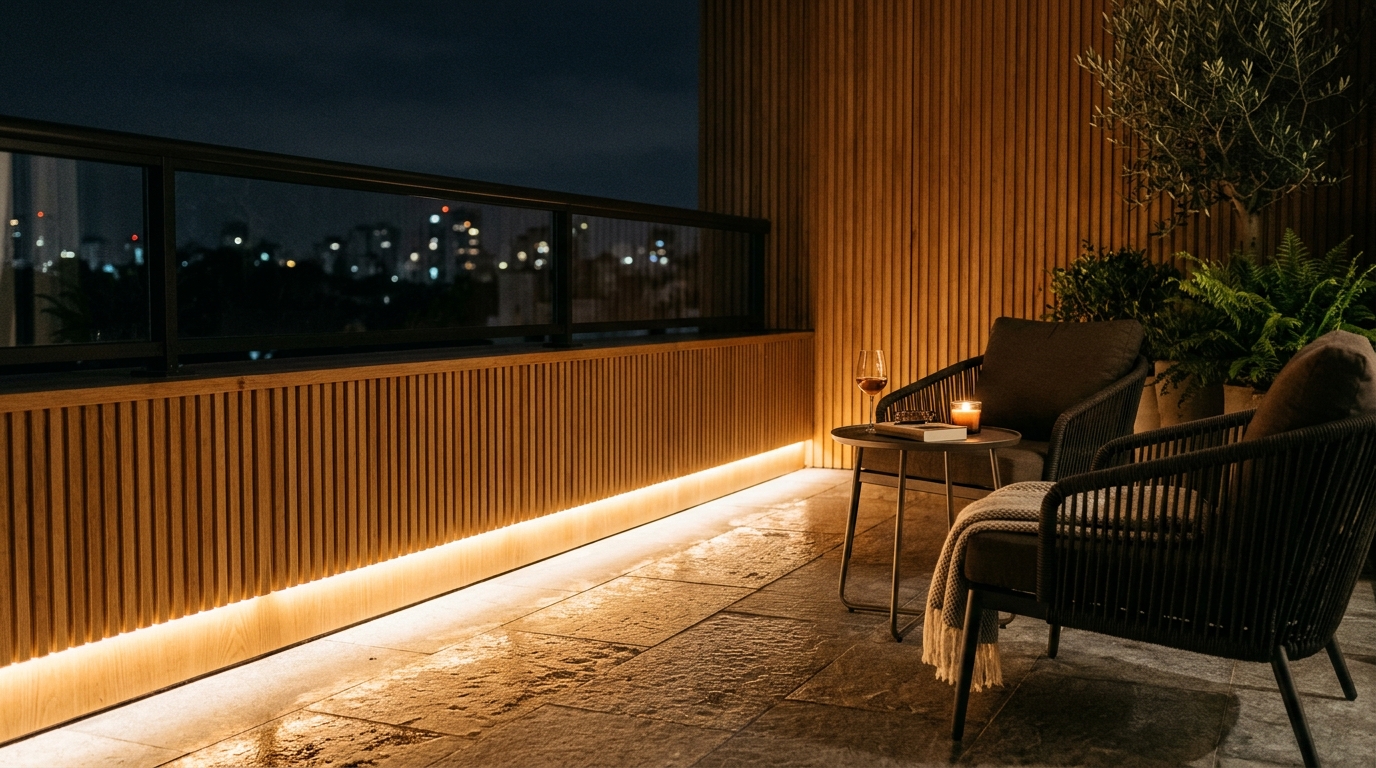Evening ambiance on a small balcony with warm 2700K lighting strips integrated under a teak bench, casting a golden glow.