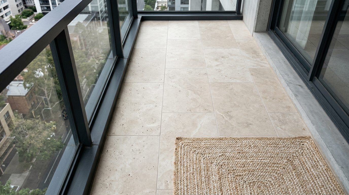 Overhead shot of apartment outdoor flooring using large-format travertine tiles to create a seamless, expansive feel in a narrow space.