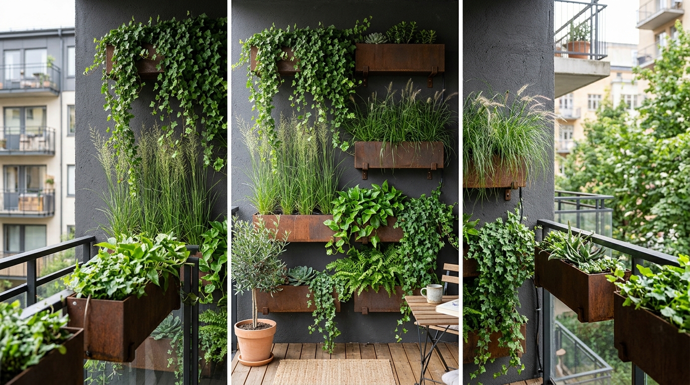 Vertical balcony garden idea using architectural planters with tall Muhly grass and cascading Silver Falls Dichondra for privacy.