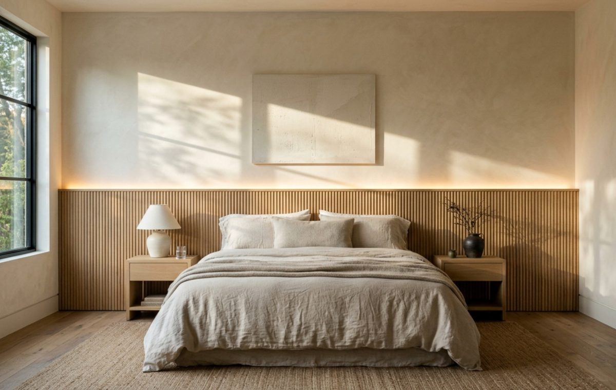 A wide architectural shot of a bedroom focal point featuring a wall-to-wall fluted white oak headboard with integrated 2700K warm LED halo lighting and a low-profile platform bed.