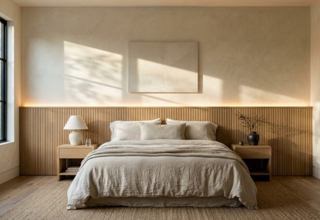 A wide architectural shot of a bedroom focal point featuring a wall-to-wall fluted white oak headboard with integrated 2700K warm LED halo lighting and a low-profile platform bed.