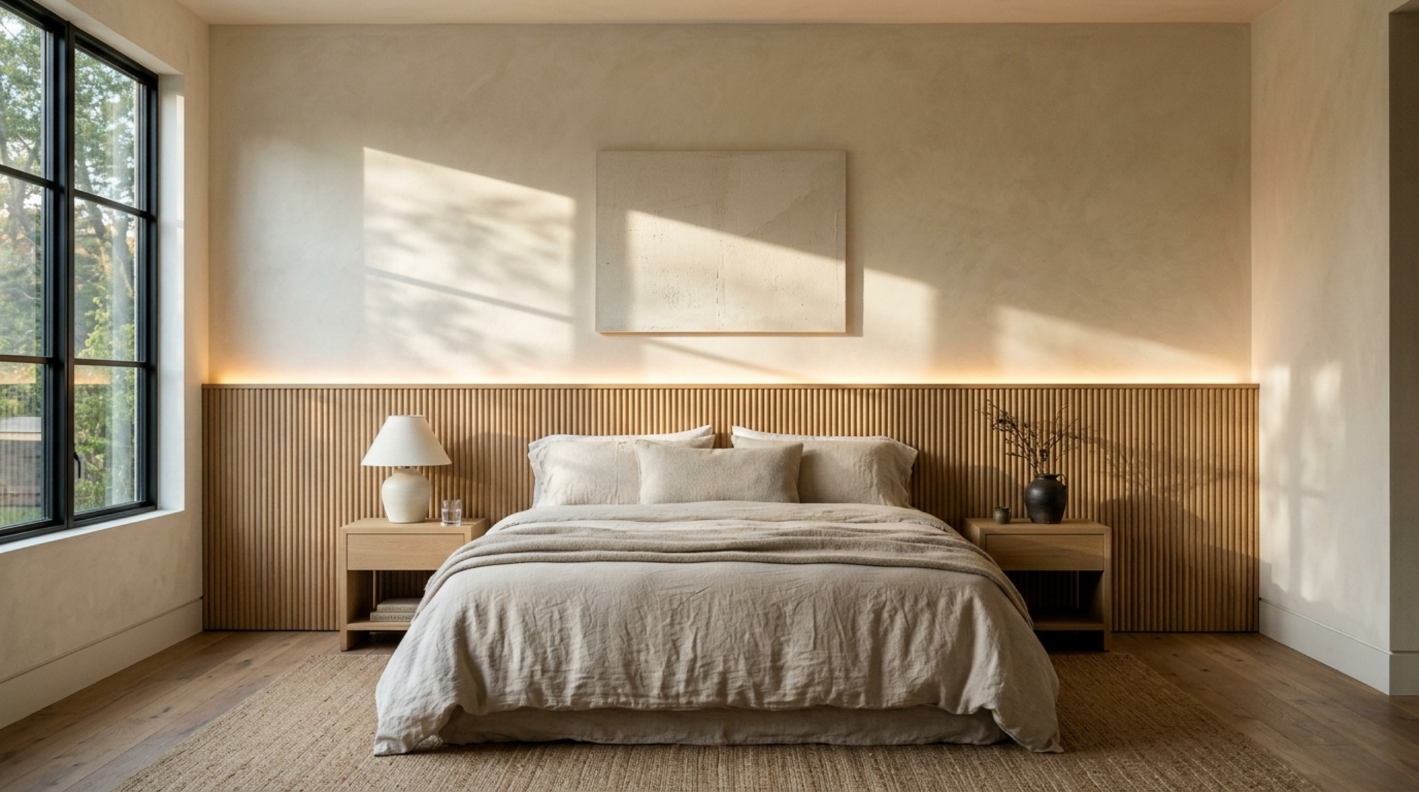 A wide architectural shot of a bedroom focal point featuring a wall-to-wall fluted white oak headboard with integrated 2700K warm LED halo lighting and a low-profile platform bed. A wide architectural shot of a bedroom focal point featuring a wall-to-wall fluted white oak headboard with integrated 2700K warm LED halo lighting and a low-profile platform bed.
