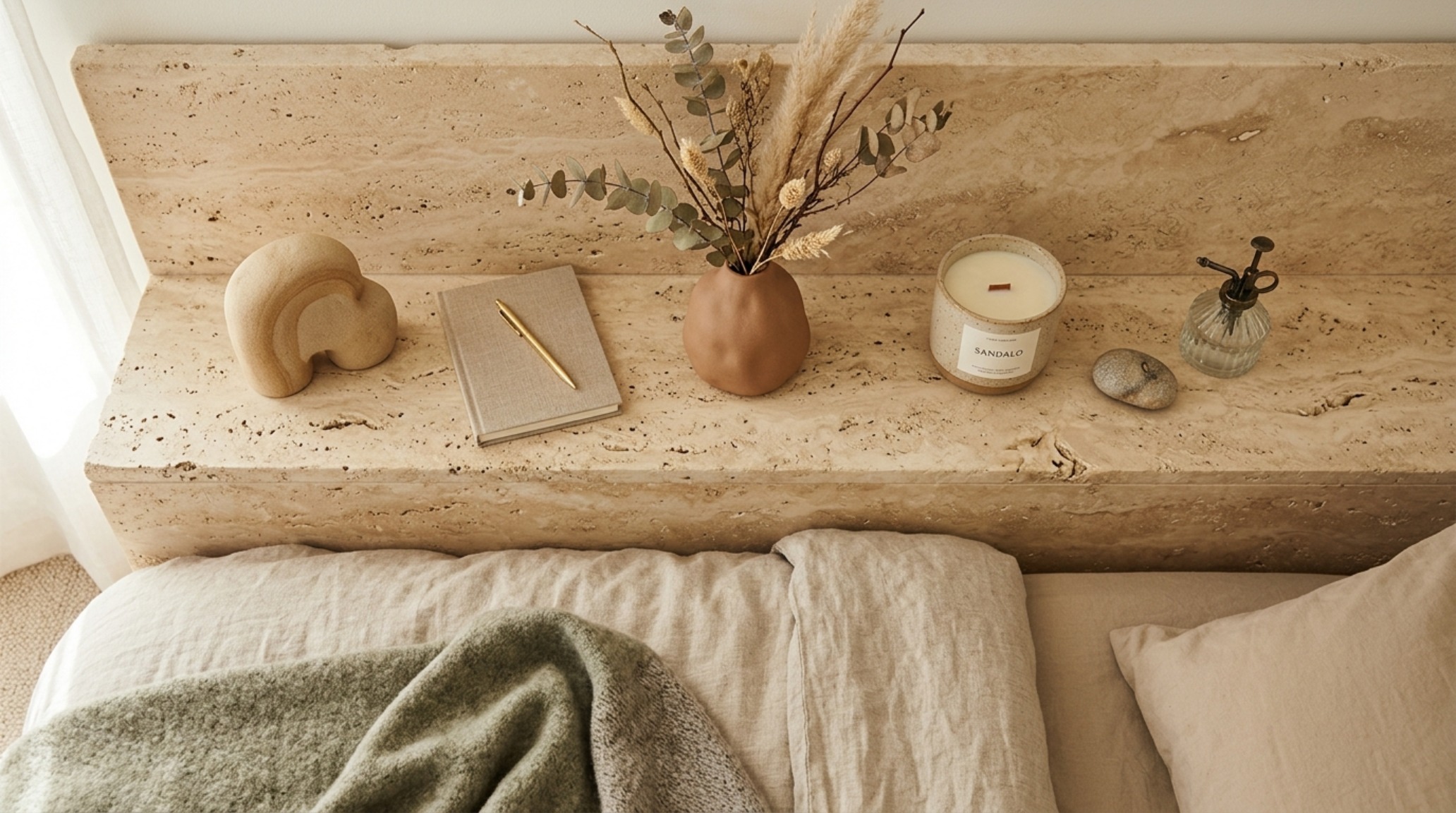 Detail shot of a honed travertine headboard ledge featuring a minimalist ceramic lamp and an integrated brass touch-dimmer switch for circadian lighting. Detail shot of a honed travertine headboard ledge featuring a minimalist ceramic lamp and an integrated brass touch-dimmer switch for circadian lighting.