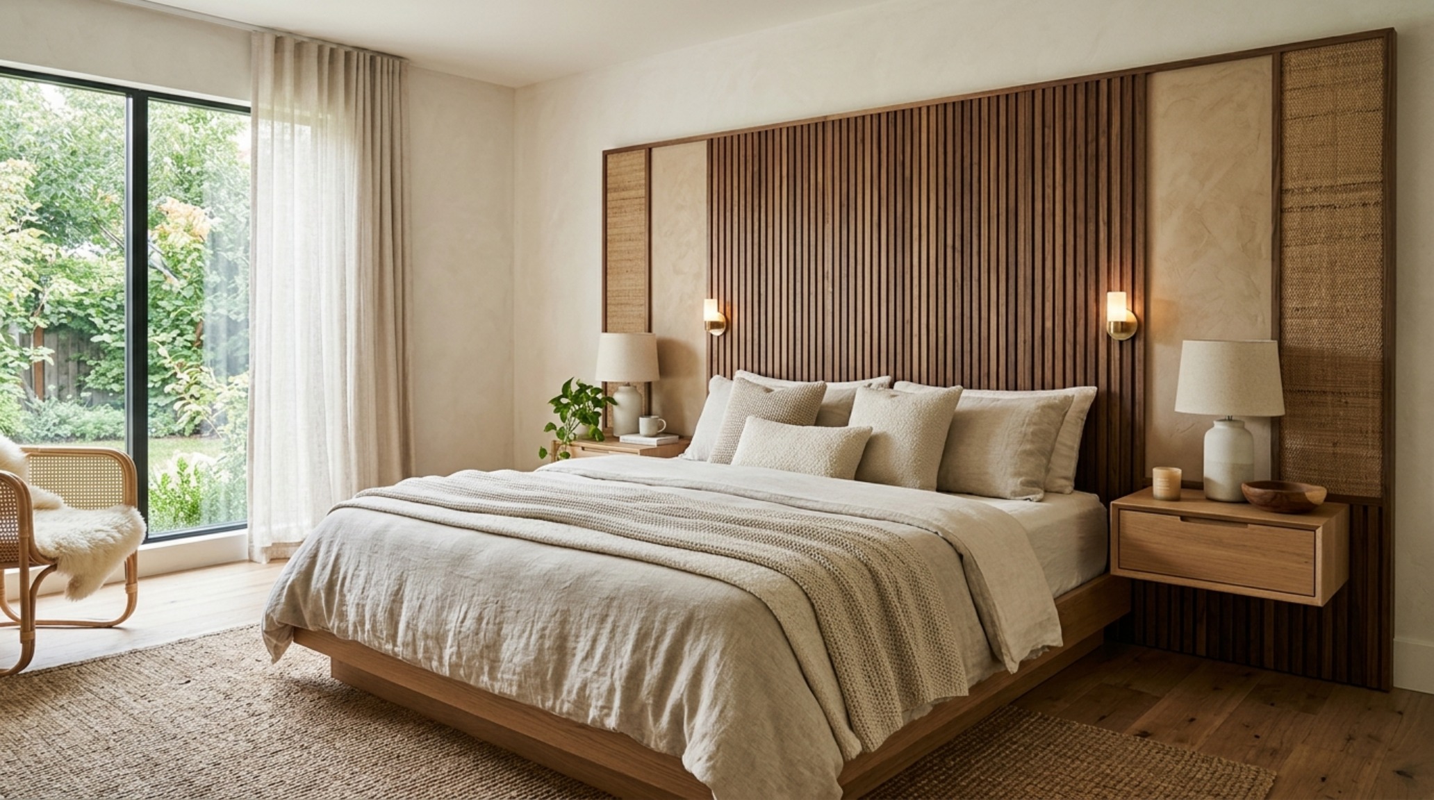 A serene, sun-drenched bedroom showing the transition from morning light to the atmospheric 2700K glow of an integrated wall system. A serene, sun-drenched bedroom showing the transition from morning light to the atmospheric 2700K glow of an integrated wall system.