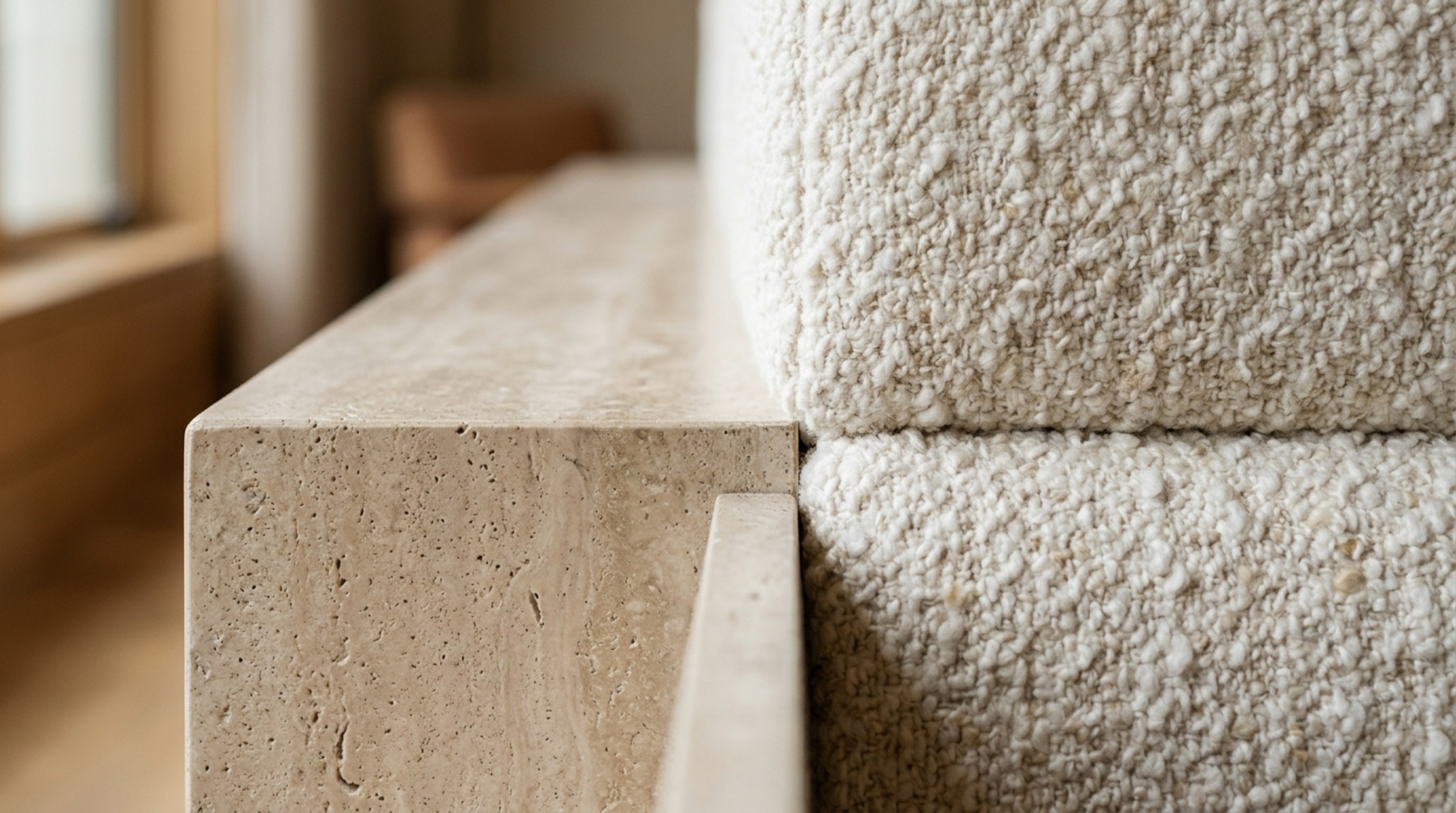 Close-up editorial detail showing the tactile contrast between honed travertine stone and high-pile ivory bouclé fabric on a custom bedroom wall design. Close-up editorial detail showing the tactile contrast between honed travertine stone and high-pile ivory bouclé fabric on a custom bedroom wall design.