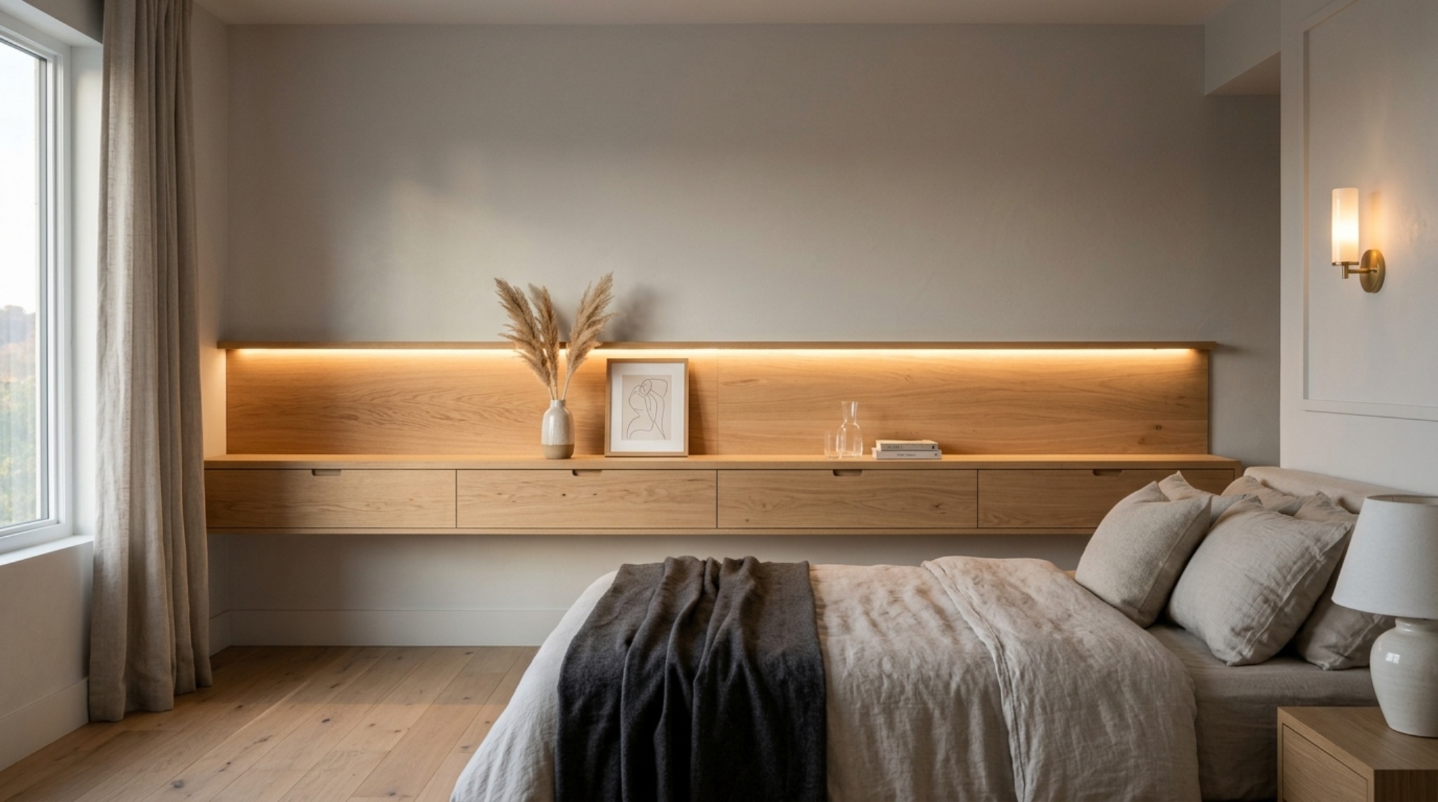 A modern organic bedroom layout showcasing stealth storage integrated into an upholstered headboard with a custom built-in ledge and floating nightstands. A modern organic bedroom layout showcasing stealth storage integrated into an upholstered headboard with a custom built-in ledge and floating nightstands.
