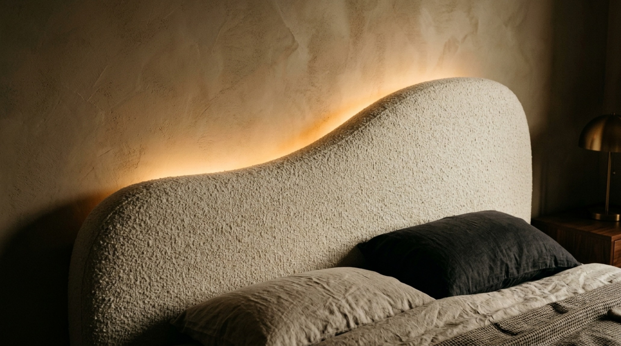 Bespoke architectural detail of a 3D halo lighting effect behind a curved boucle headboard aesthetic, highlighting the texture of limewash walls at dusk. Bespoke architectural detail of a 3D halo lighting effect behind a curved boucle headboard aesthetic, highlighting the texture of limewash walls at dusk.