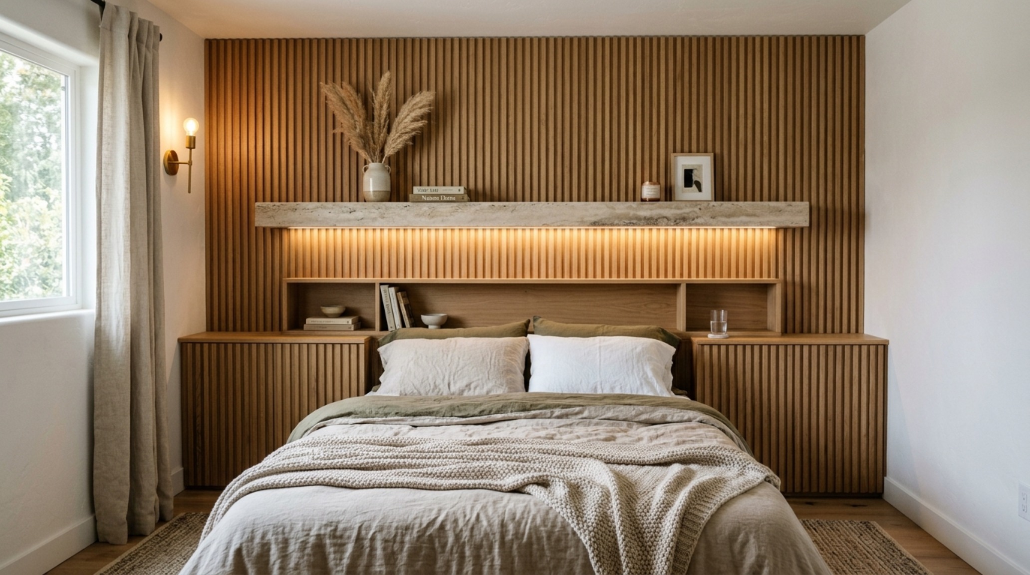 A small bedroom storage headboard solution featuring a floating oak shelf and integrated warm ambient lighting for a minimalist sanctuary effect. A small bedroom storage headboard solution featuring a floating oak shelf and integrated warm ambient lighting for a minimalist sanctuary effect.