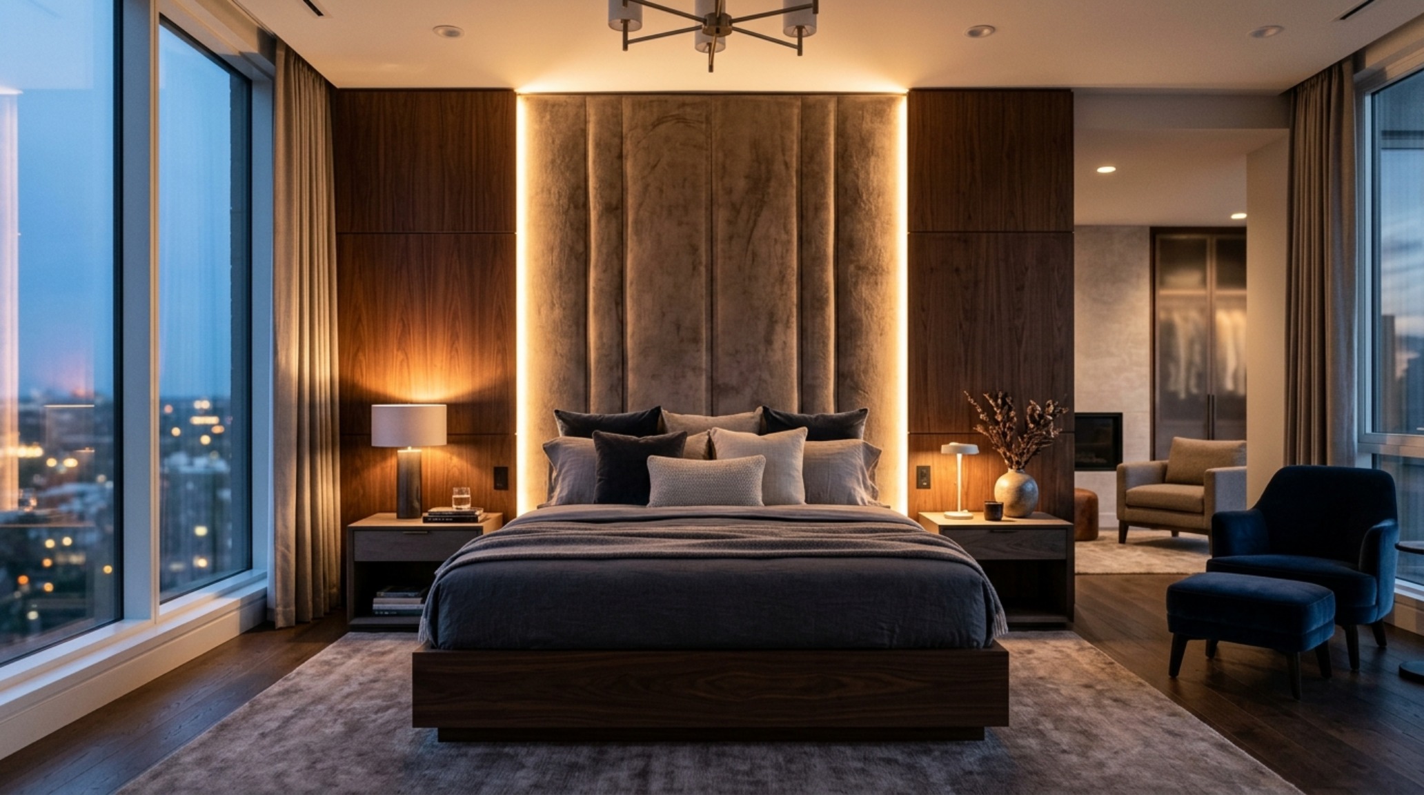 Evening perspective of a custom bed frame architecture with integrated side panels in warm walnut, showing 2700K lighting washing over neutral linen bedding. Evening perspective of a custom bed frame architecture with integrated side panels in warm walnut, showing 2700K lighting washing over neutral linen bedding.