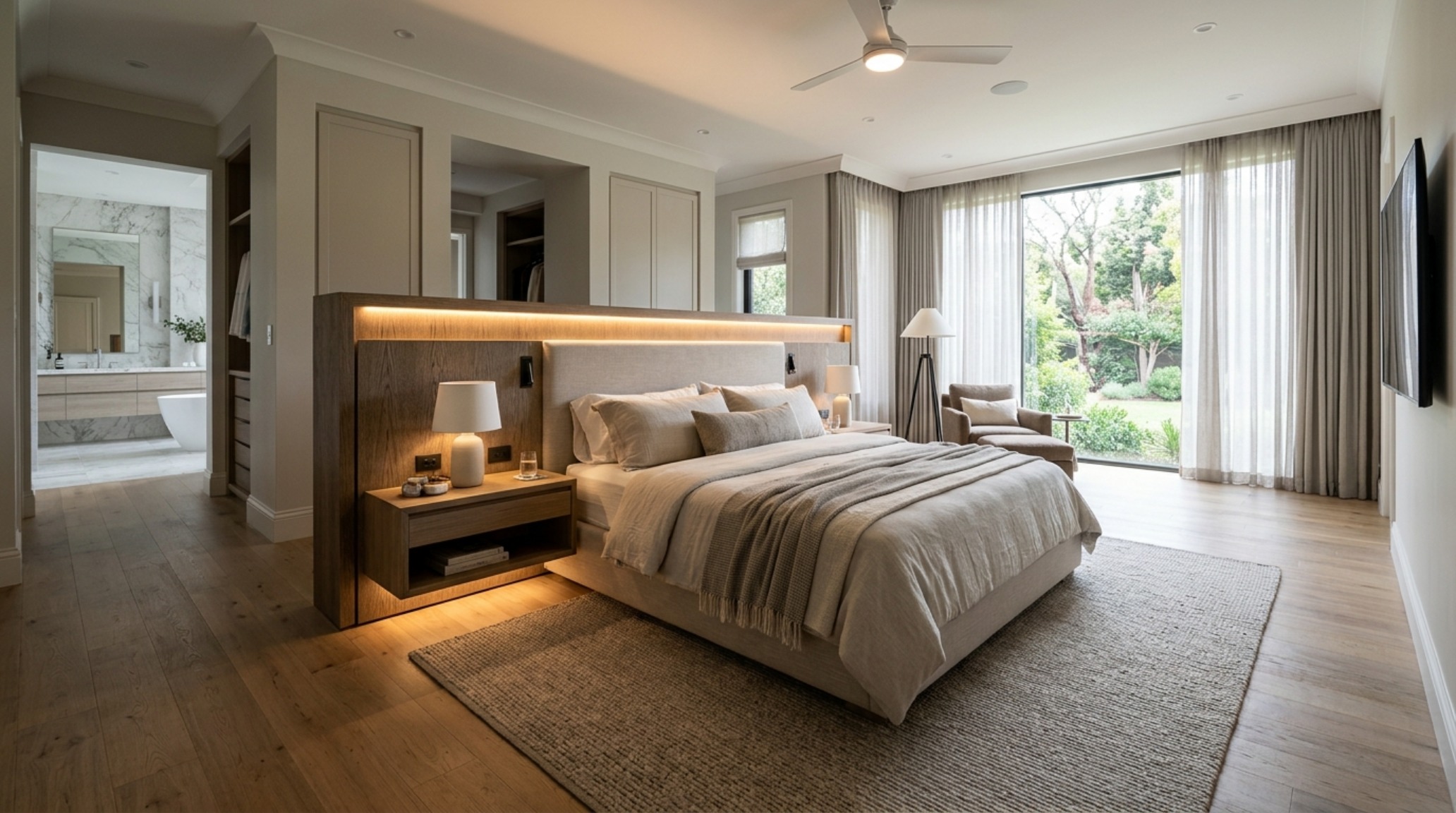 Symmetry and spatial cadence in a master suite with a floor-to-ceiling fluted wood headboard with integrated lighting and 36-inch architectural clearances. Symmetry and spatial cadence in a master suite with a floor-to-ceiling fluted wood headboard with integrated lighting and 36-inch architectural clearances.