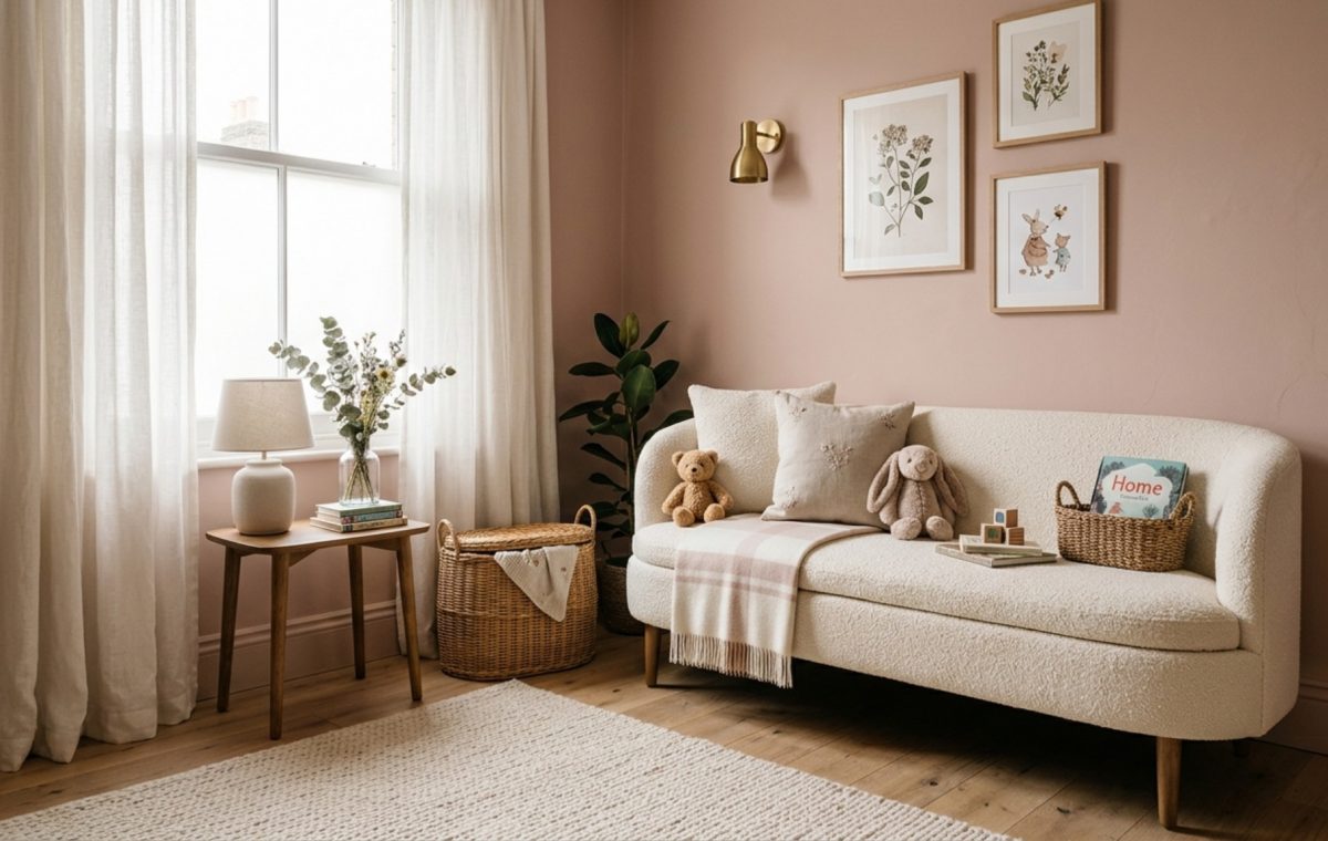 A custom bouclé storage bench in a sunlit corner of a nursery with Setting Plaster walls and 18-inch clearance for ergonomic access.