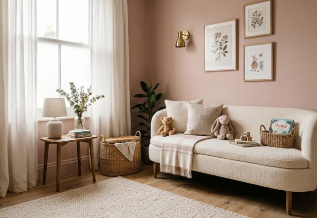 A custom bouclé storage bench in a sunlit corner of a nursery with Setting Plaster walls and 18-inch clearance for ergonomic access.