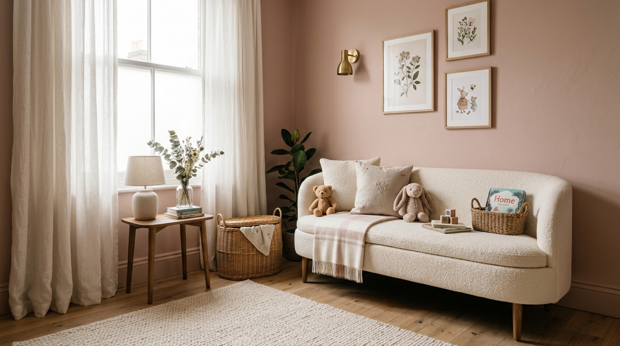 A custom bouclé storage bench in a sunlit corner of a nursery with Setting Plaster walls and 18-inch clearance for ergonomic access. A custom bouclé storage bench in a sunlit corner of a nursery with Setting Plaster walls and 18-inch clearance for ergonomic access.