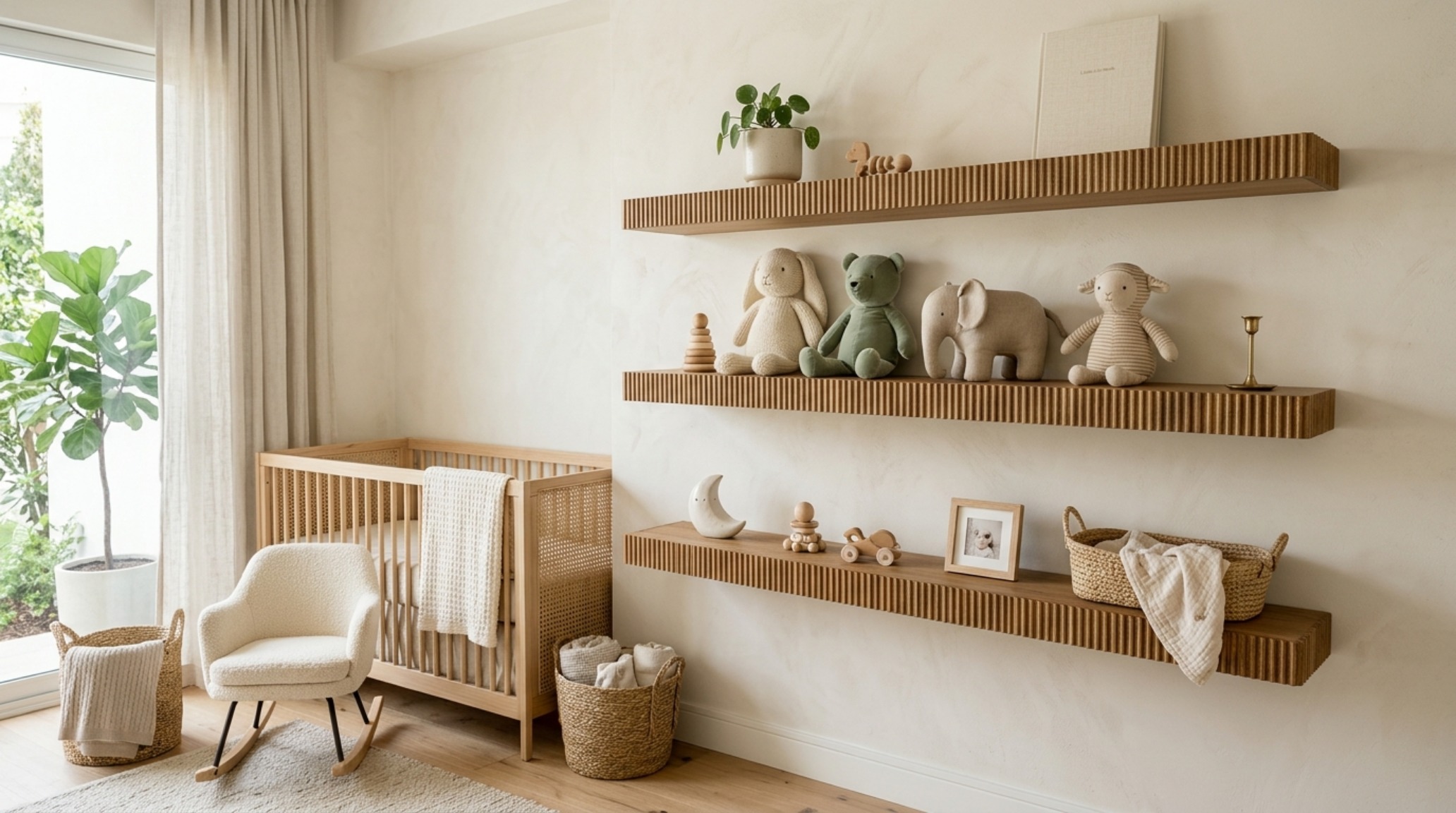 Bespoke fluted white oak floating shelves displaying minimalist plushie collection with professional sightline alignment. Bespoke fluted white oak floating shelves displaying minimalist plushie collection with professional sightline alignment.
