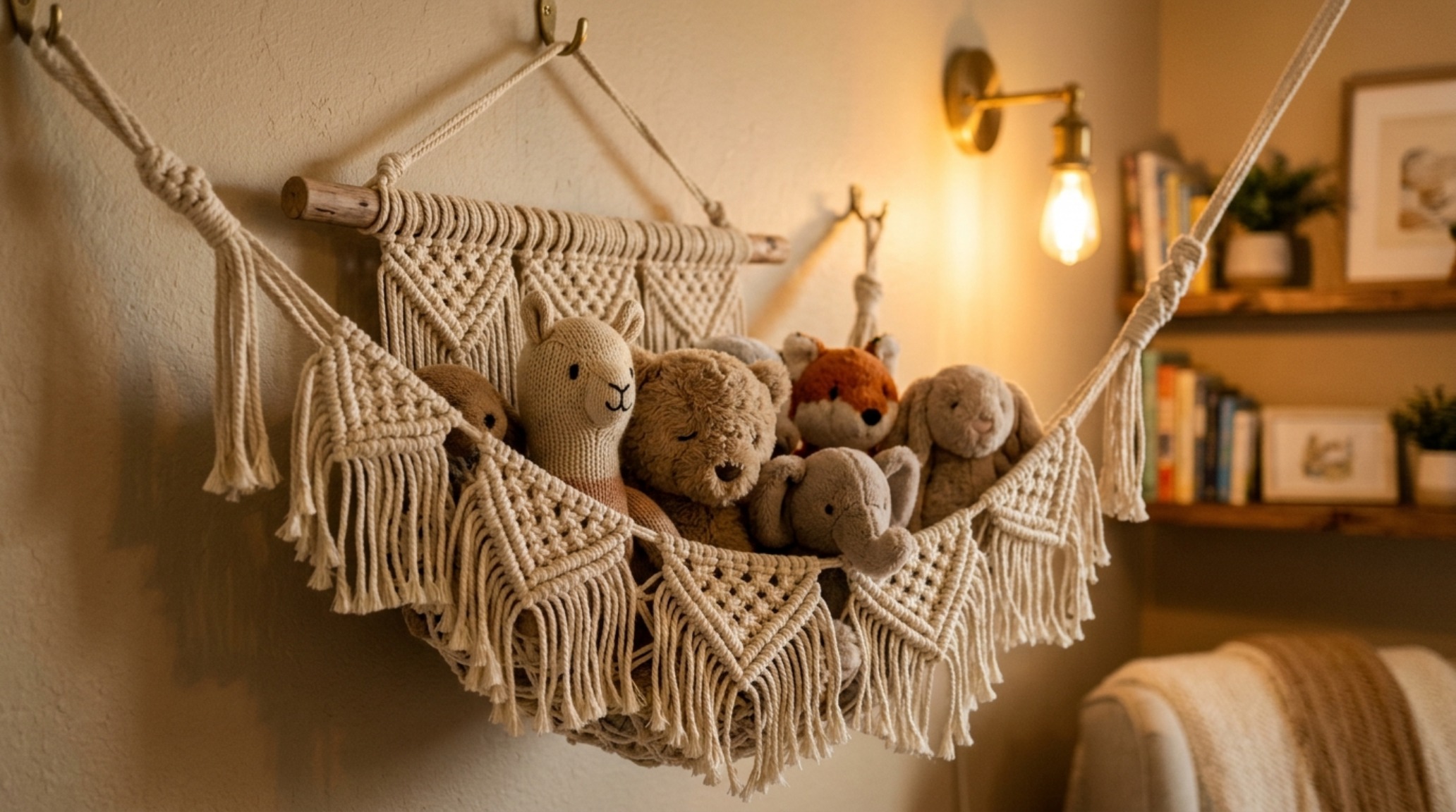 Hand-woven macramé stuffed animal hammock in an organic modern nursery with warm 2700K ambient lighting and brass accents. Hand-woven macramé stuffed animal hammock in an organic modern nursery with warm 2700K ambient lighting and brass accents.