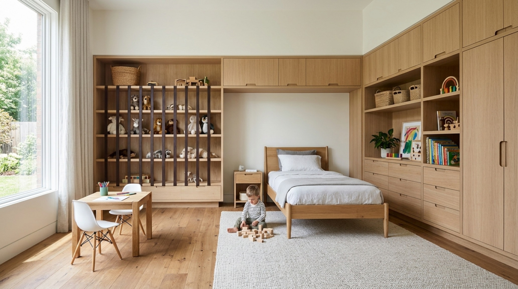 Interior view of a luxury kids room showcasing floor-to-ceiling fluted oak millwork and a custom leather-strapped toy zoo. Interior view of a luxury kids room showcasing floor-to-ceiling fluted oak millwork and a custom leather-strapped toy zoo.