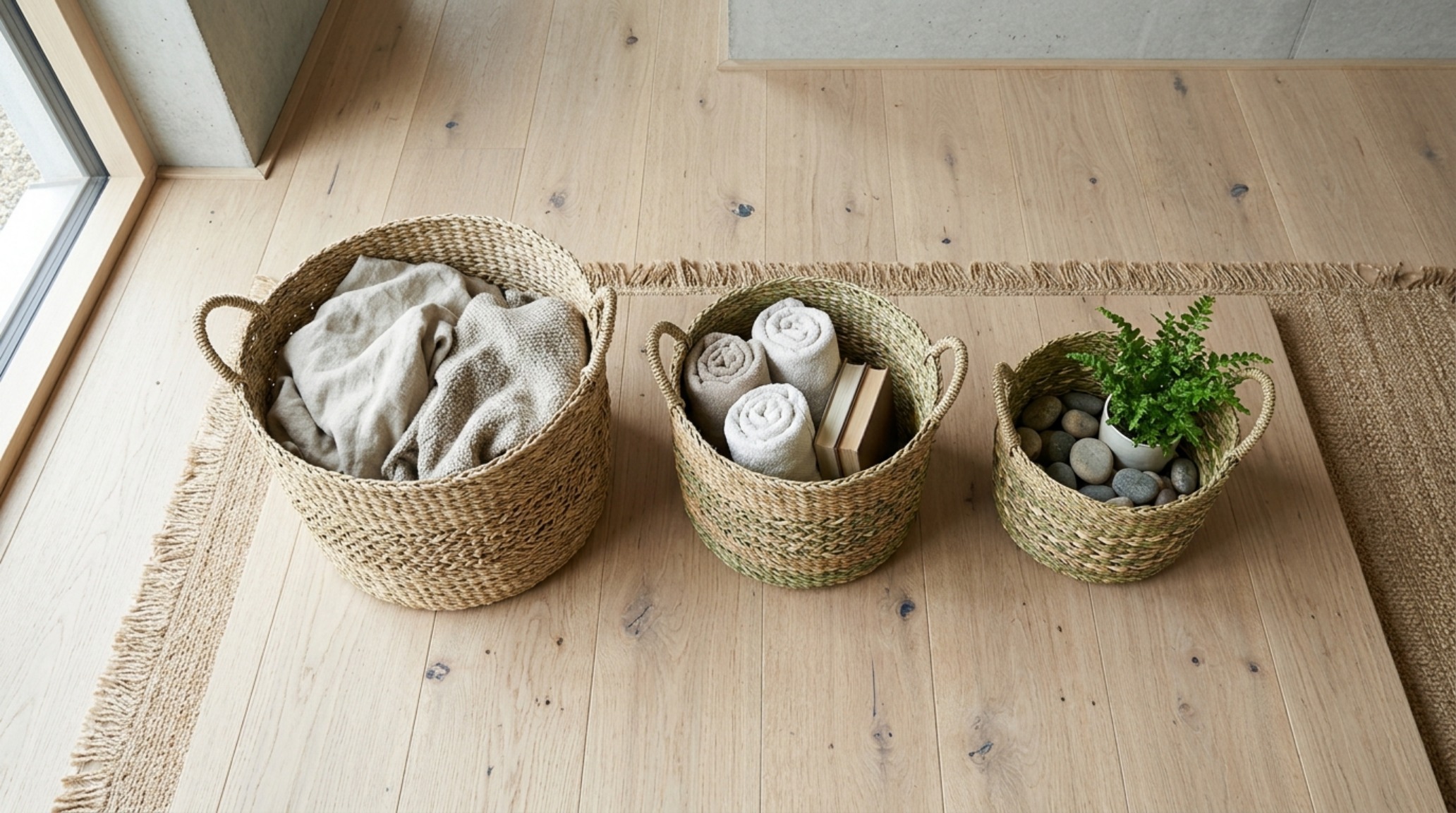 Editorial shot of graduated seagrass baskets on a light hardwood floor highlighting tactile nursery interior design and textural contrast. Editorial shot of graduated seagrass baskets on a light hardwood floor highlighting tactile nursery interior design and textural contrast.