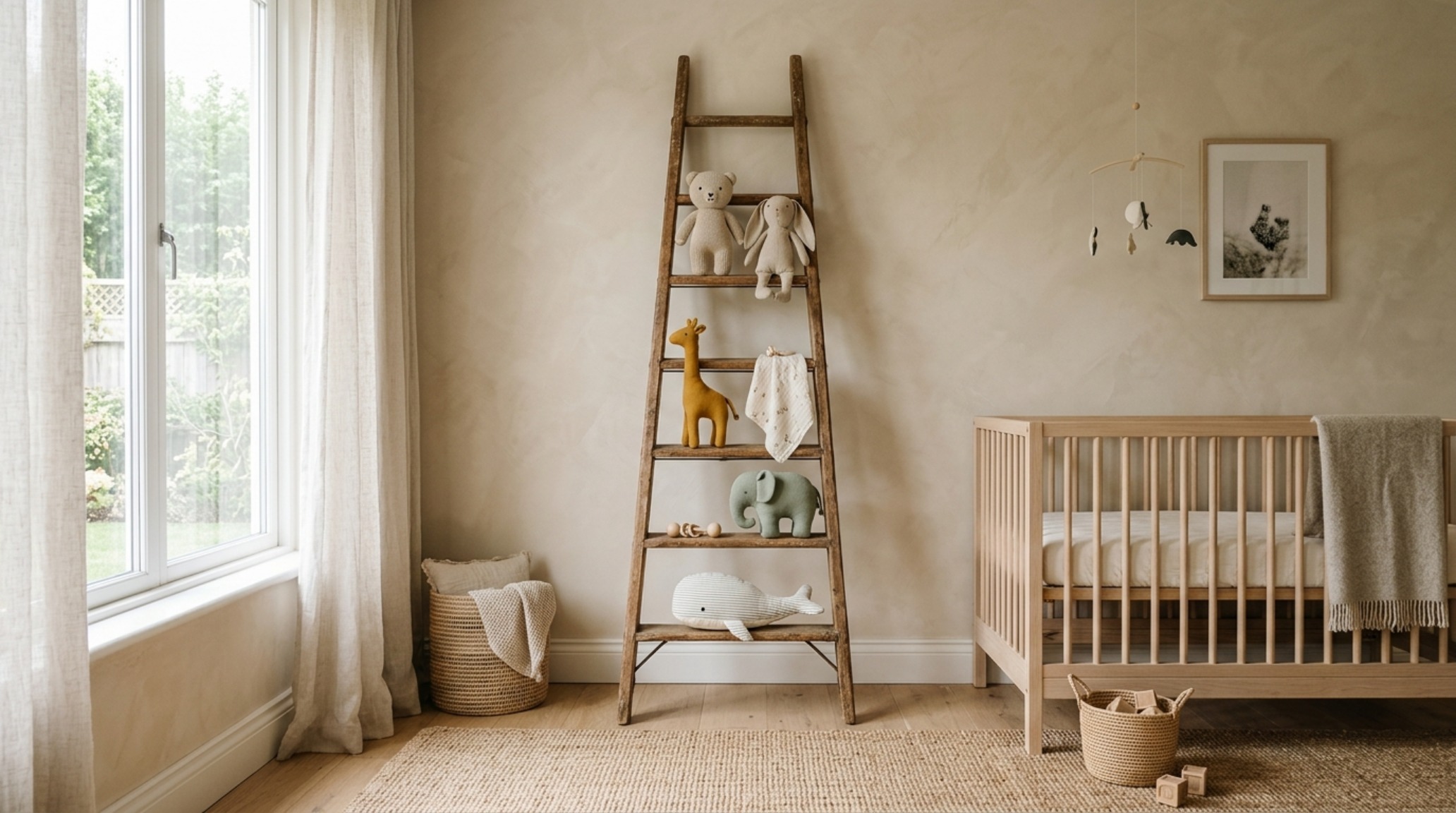 A vintage wooden ladder used for vertical toy storage against a limewash wall, illustrating minimalist plushie display ideas. A vintage wooden ladder used for vertical toy storage against a limewash wall, illustrating minimalist plushie display ideas.