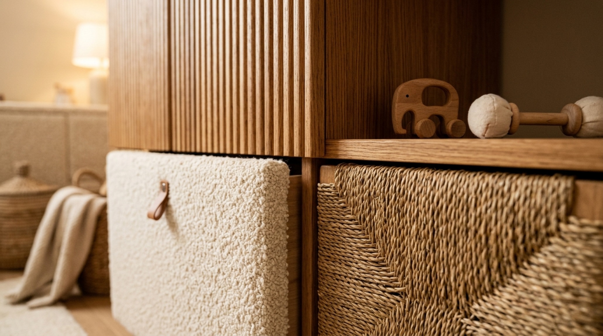 Close-up of a 2700K brass wall sconce illuminating a textured bouclé bench and soft linen curtains in a sophisticated playroom. Close-up of a 2700K brass wall sconce illuminating a textured bouclé bench and soft linen curtains in a sophisticated playroom.