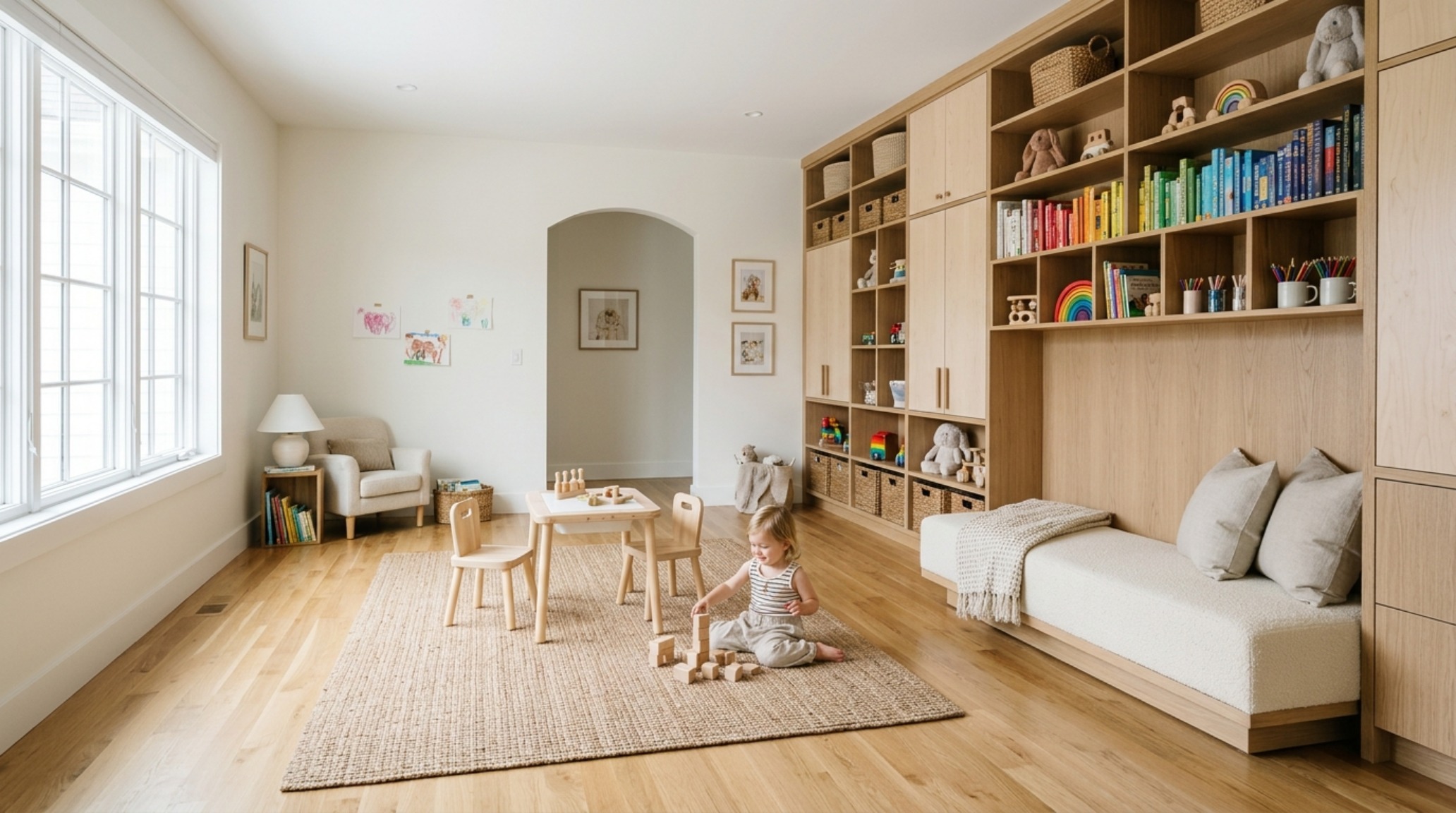 Architectural view of a nursery's spatial flow showing 36-inch primary circulation paths and custom toy organization systems. Architectural view of a nursery's spatial flow showing 36-inch primary circulation paths and custom toy organization systems.