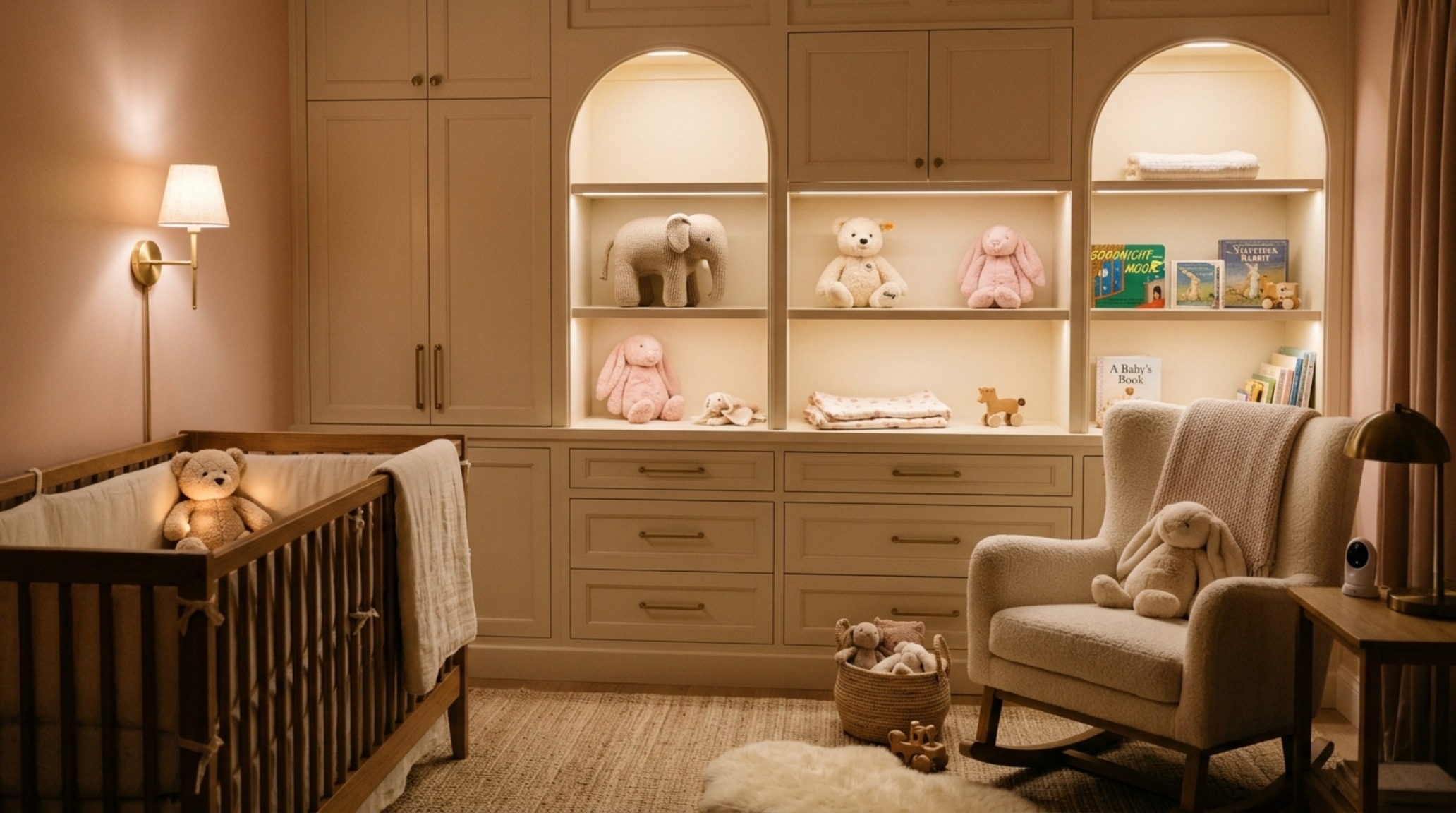 High-end bespoke cabinetry in a modern nursery featuring integrated toy bins and high CRI recessed lighting for color accuracy. High-end bespoke cabinetry in a modern nursery featuring integrated toy bins and high CRI recessed lighting for color accuracy.