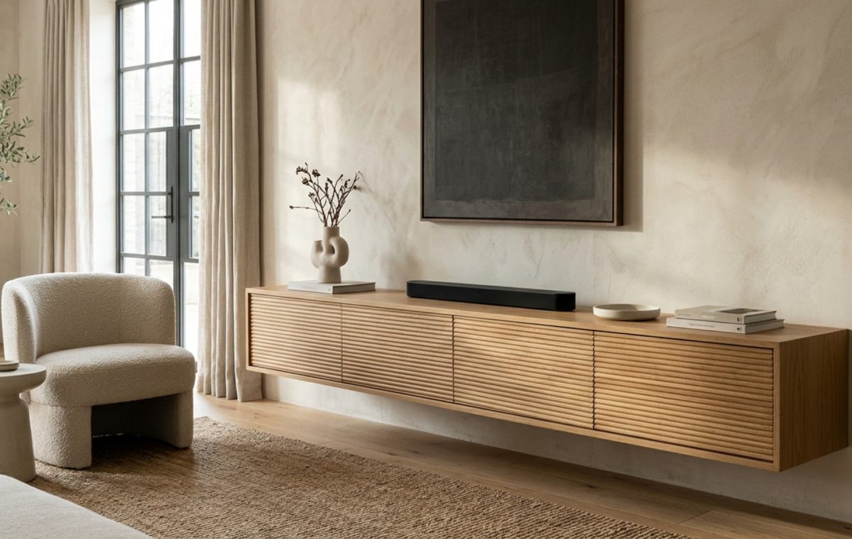 A floating media unit made of fluted white oak beneath a large television, styled with minimalist ceramics on a limewash wall.