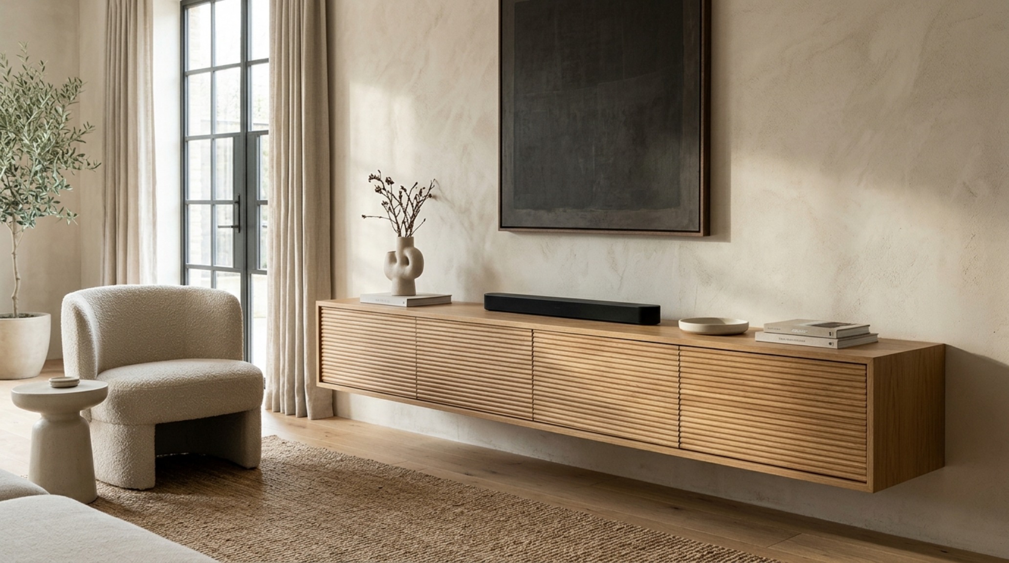 A floating media unit made of fluted white oak beneath a large television, styled with minimalist ceramics on a limewash wall. A floating media unit made of fluted white oak beneath a large television, styled with minimalist ceramics on a limewash wall.