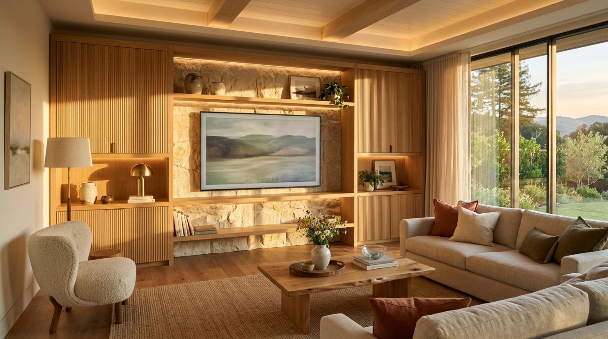 Wide-angle shot of an organic modern living room with a custom media unit, soft linen upholstery, and a warm, atmospheric glow. Wide-angle shot of an organic modern living room with a custom media unit, soft linen upholstery, and a warm, atmospheric glow.