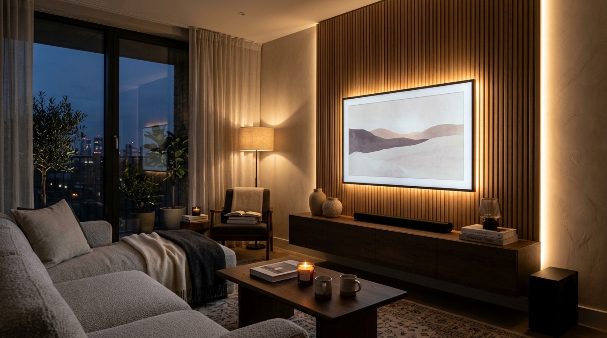 Evening view of a living room media wall illuminated by 2700K warm ambient LED lighting, creating soft shadows on textured walls. Evening view of a living room media wall illuminated by 2700K warm ambient LED lighting, creating soft shadows on textured walls.
