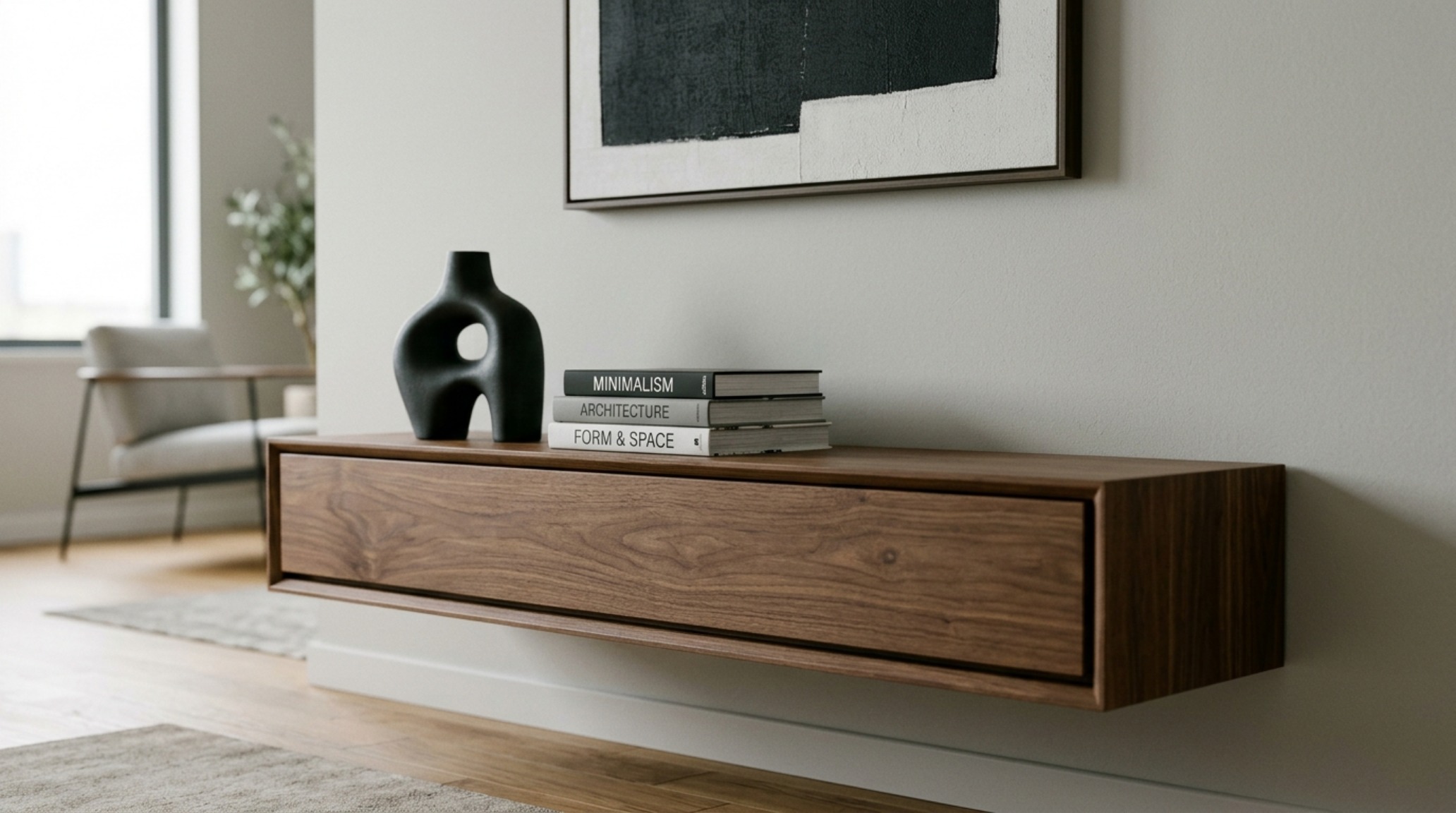 A walnut floating media console mounted on a wall finished with Benjamin Moore Swiss Coffee, emphasizing negative space and clean lines. A walnut floating media console mounted on a wall finished with Benjamin Moore Swiss Coffee, emphasizing negative space and clean lines.