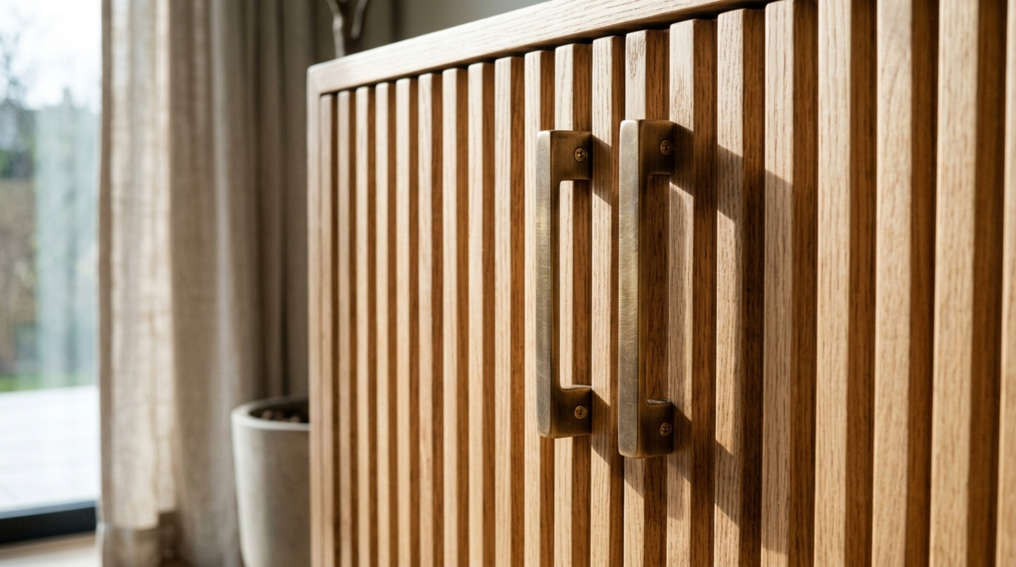 Architectural detail of fluted wood cabinetry with brushed brass hardware, showcasing directional natural sunlight and grain texture. Architectural detail of fluted wood cabinetry with brushed brass hardware, showcasing directional natural sunlight and grain texture.