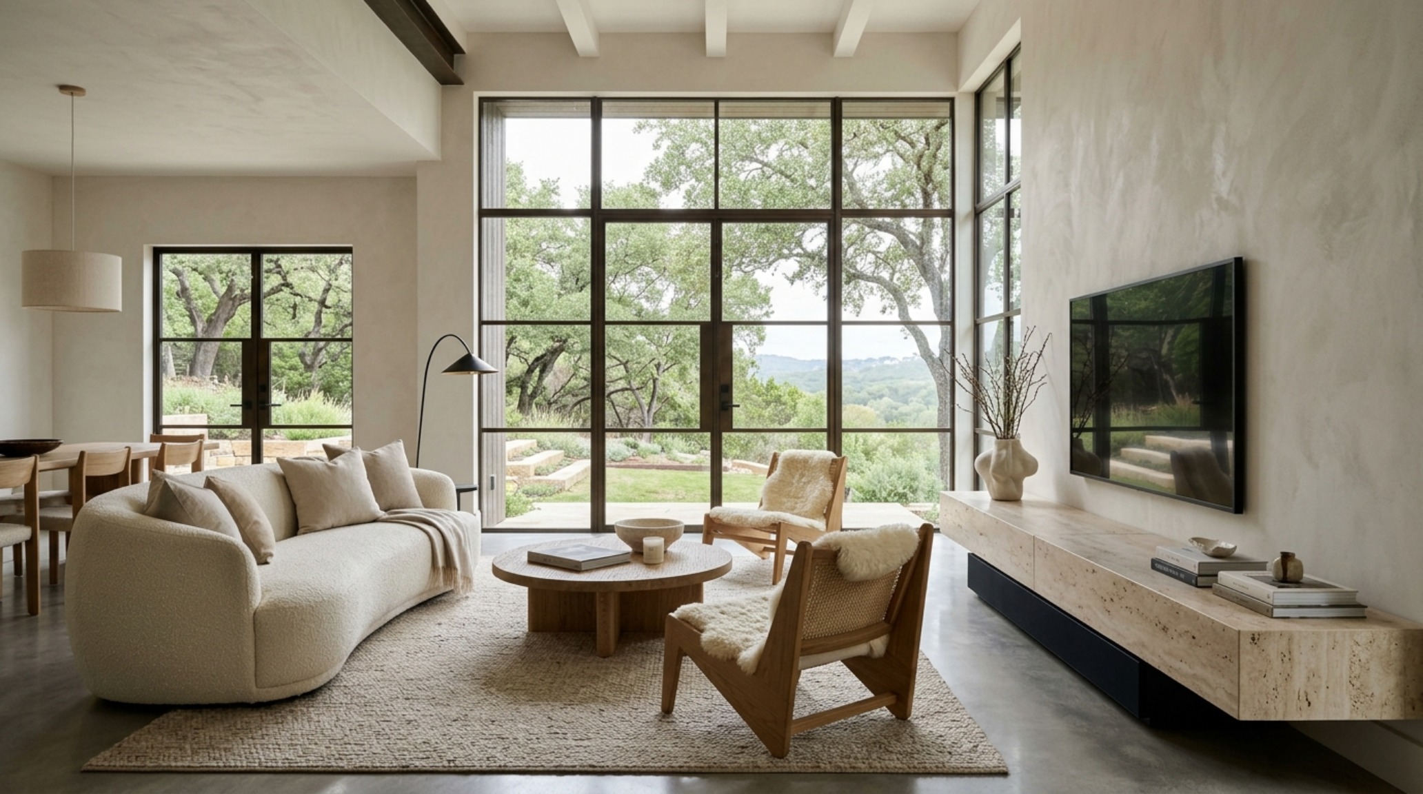 Large-scale modern entertainment center in a neutral palette, featuring a mix of open shelving and closed fluted oak storage units. Large-scale modern entertainment center in a neutral palette, featuring a mix of open shelving and closed fluted oak storage units.