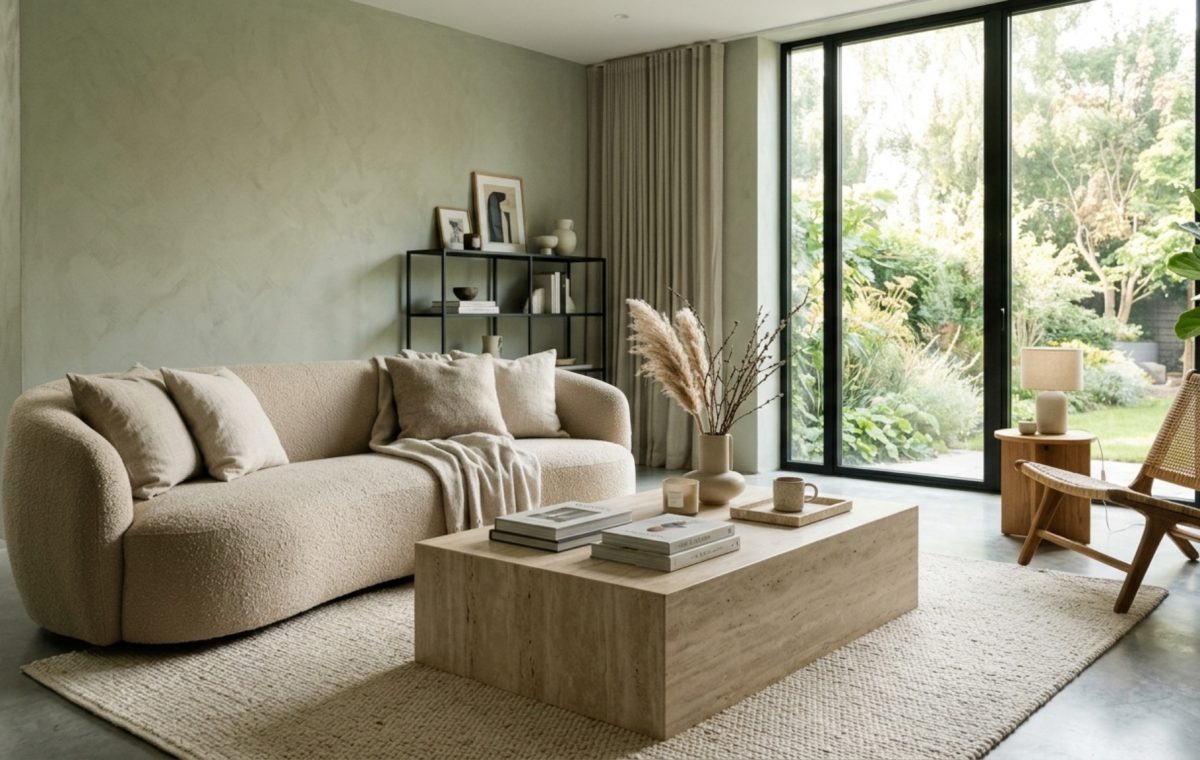 A sophisticated sage green living room featuring a curved beige bouclé sofa and a monolithic honed travertine coffee table, exemplifying sage green living room ideas with tactile textures.