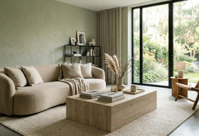 A sophisticated sage green living room featuring a curved beige bouclé sofa and a monolithic honed travertine coffee table, exemplifying sage green living room ideas with tactile textures.