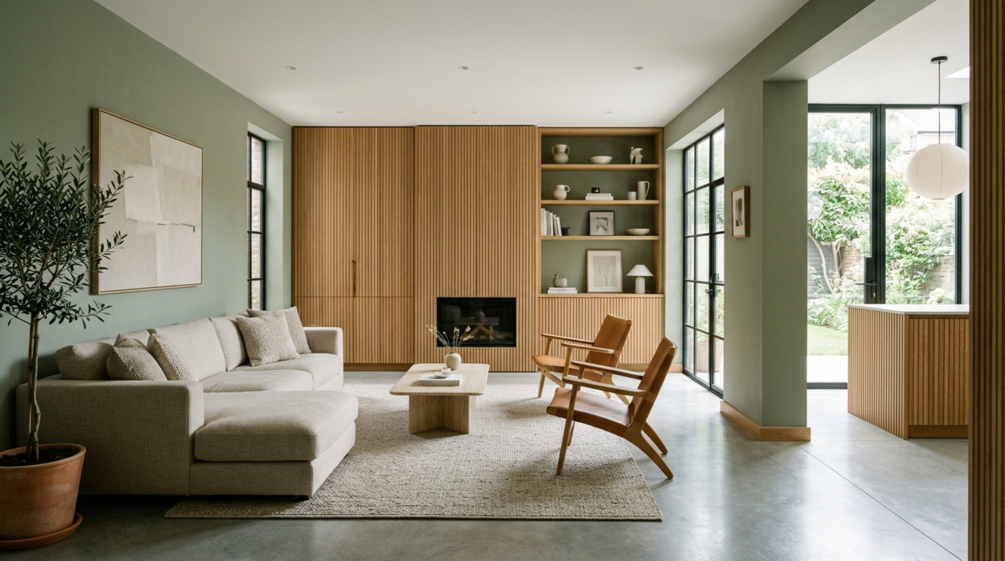 An architectural view of an open-plan living space with fluted white oak panels and sage green accents, maintaining 36-inch walkway clearances for optimal spatial flow.