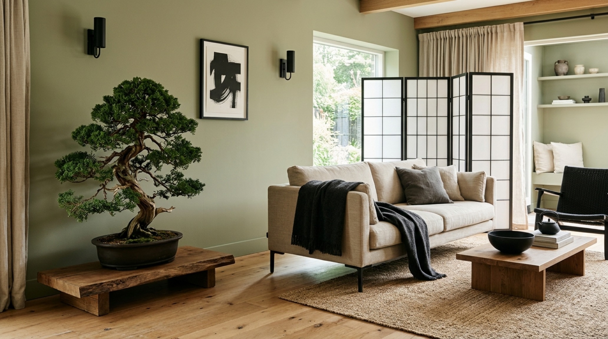 Japandi-style sage green living room inspiration with minimalist furniture, matte black hardware, and large floor-to-ceiling windows integrating the outdoor landscape.