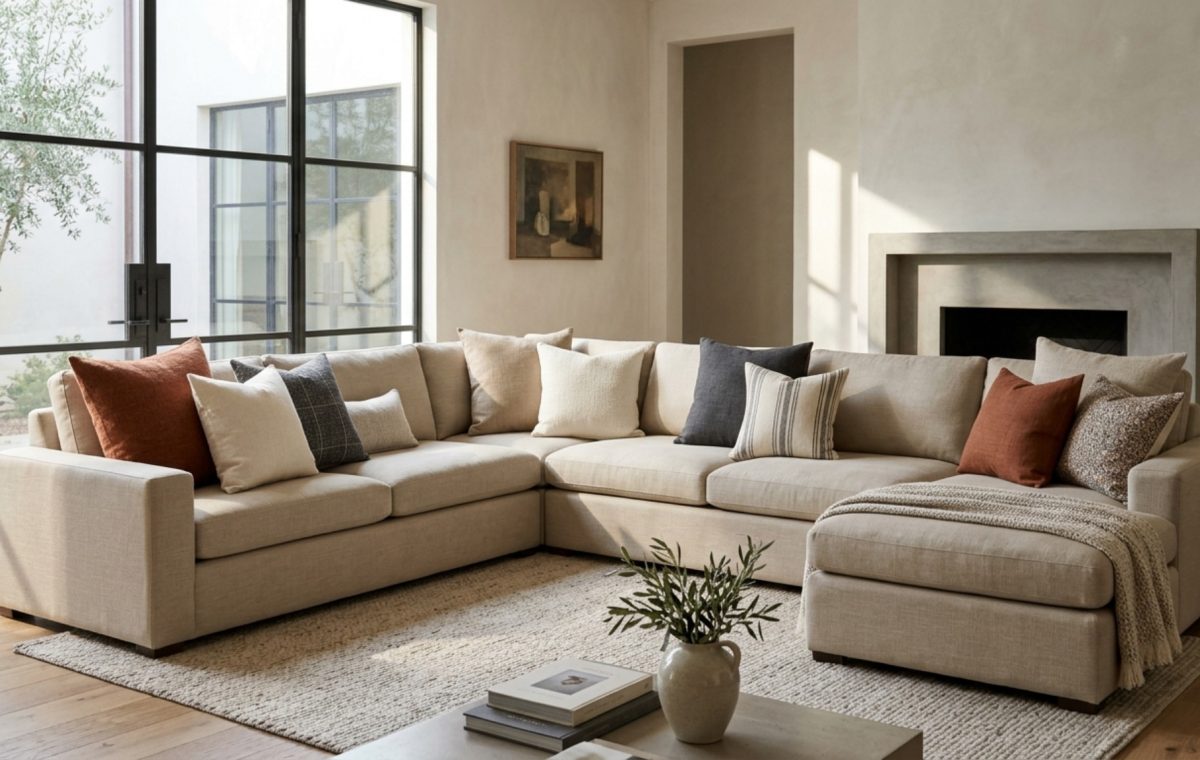 Sectional pillow layout formula applied to a large modular sofa in a sun-drenched living room with warm wood accents and 36-inch walkways.