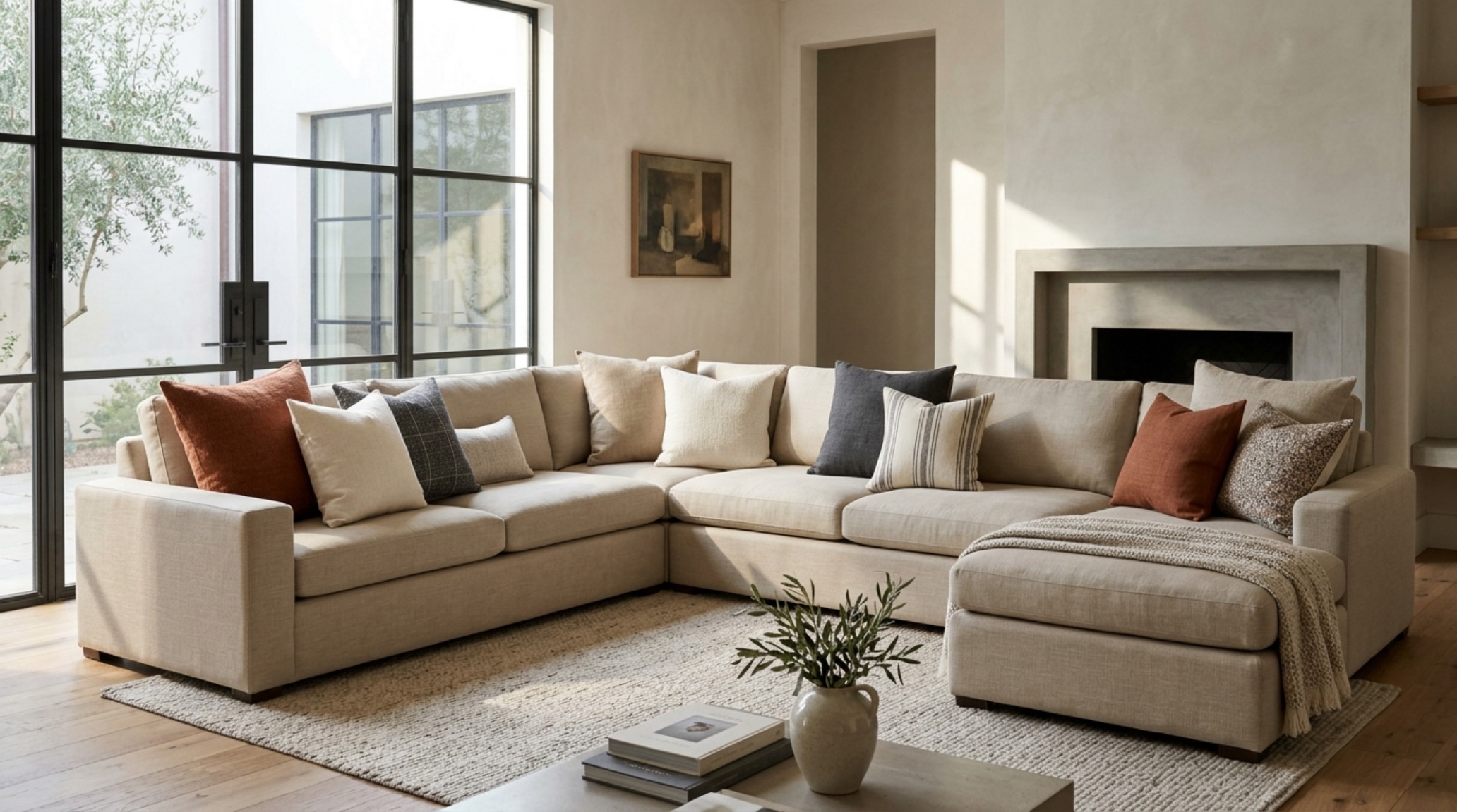 Sectional pillow layout formula applied to a large modular sofa in a sun-drenched living room with warm wood accents and 36-inch walkways. Sectional pillow layout formula applied to a large modular sofa in a sun-drenched living room with warm wood accents and 36-inch walkways.